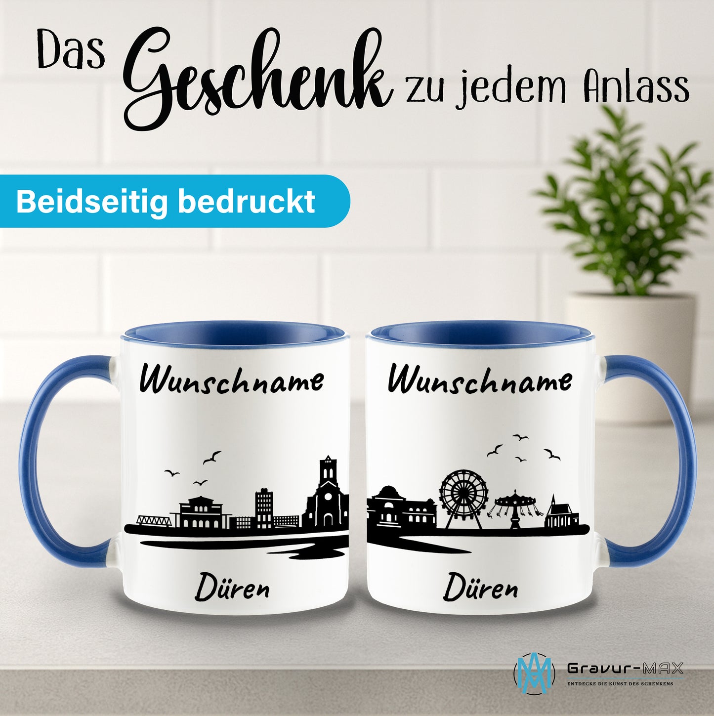 Tasse in Cambridge Blau 330ml bedruckt mit der Skyline von Düren personalisierbar mit Wunschname