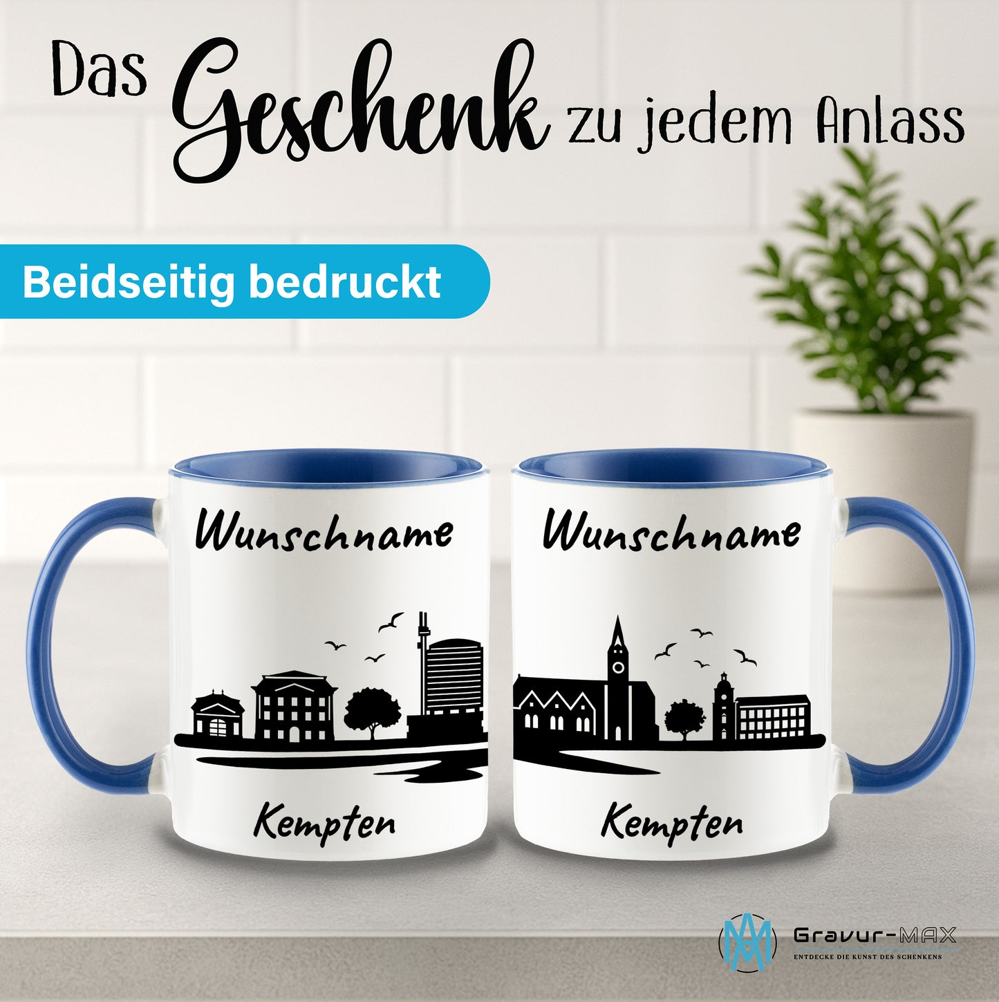 Tasse in Cambridge Blau 330ml bedruckt mit der Skyline von Kempten personalisierbar mit Wunschname