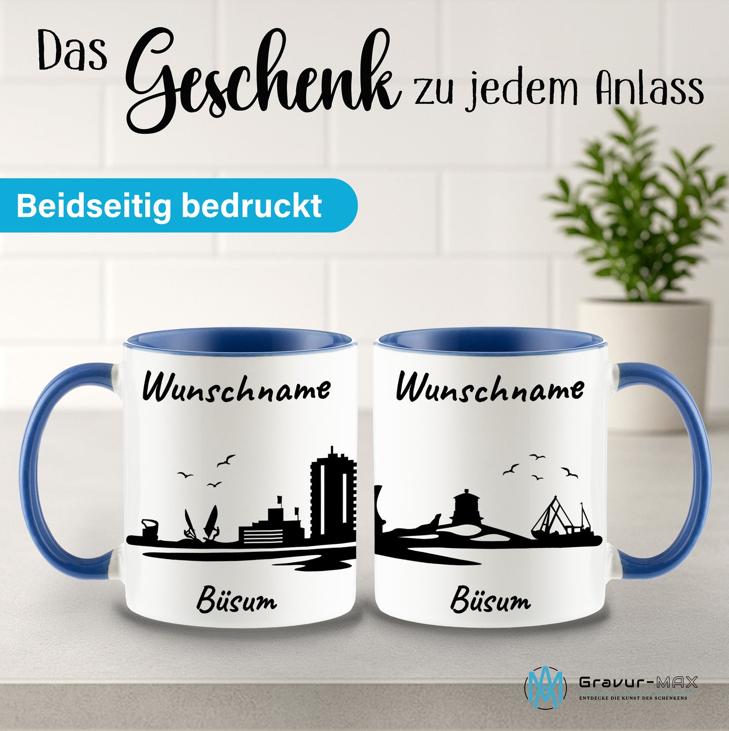 Tasse in Cambridge Blau 330ml bedruckt mit der Skyline von Büsum personalisierbar mit Wunschname