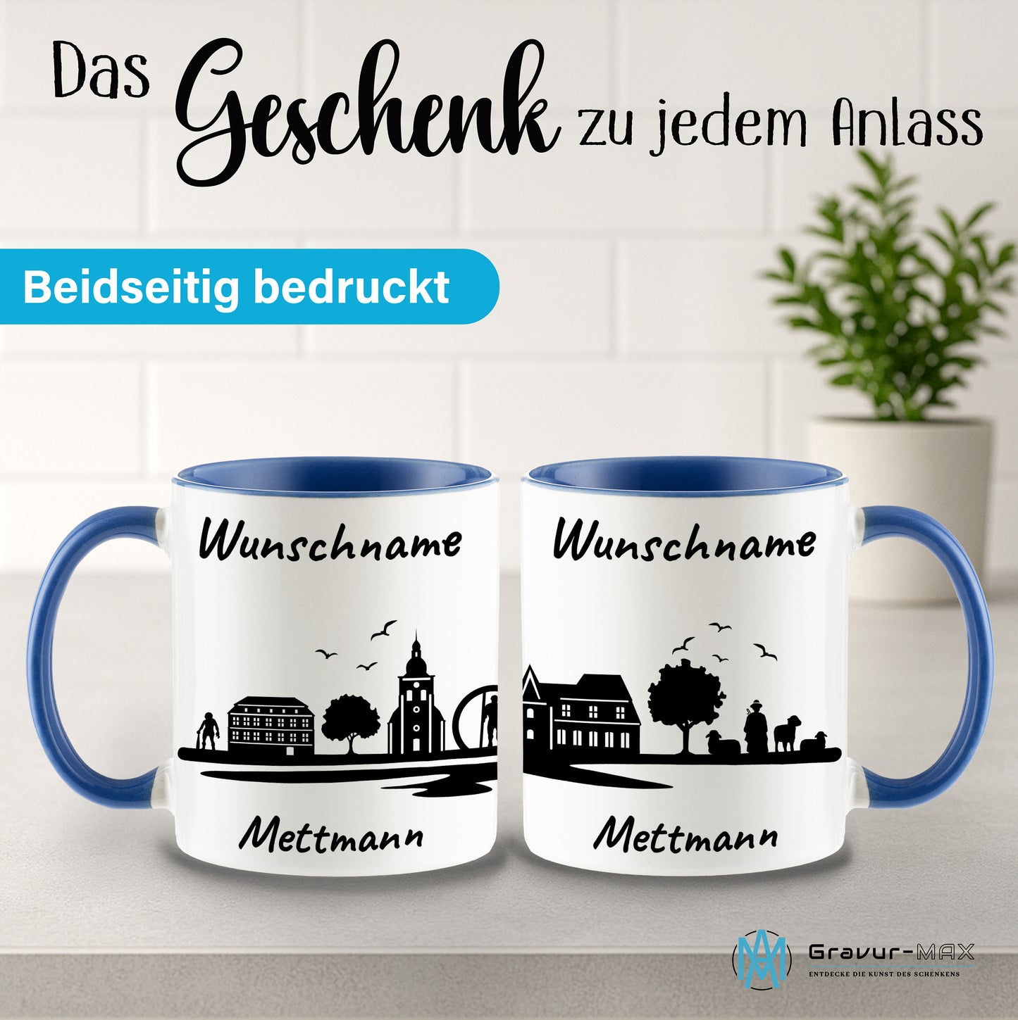 Tasse in Cambridge Blau 330ml bedruckt mit der Skyline von Mettmann personalisierbar mit Wunschname