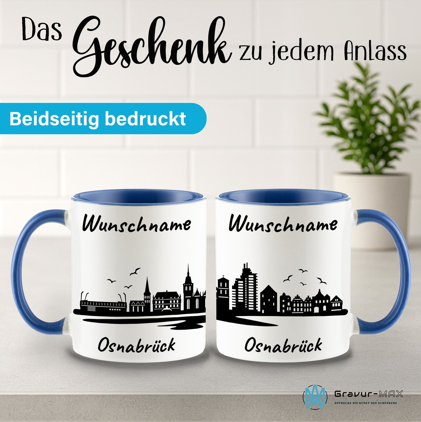 Tasse in Cambridge Blau 330ml bedruckt mit der Skyline von Osnabrück personalisierbar mit Wunschname