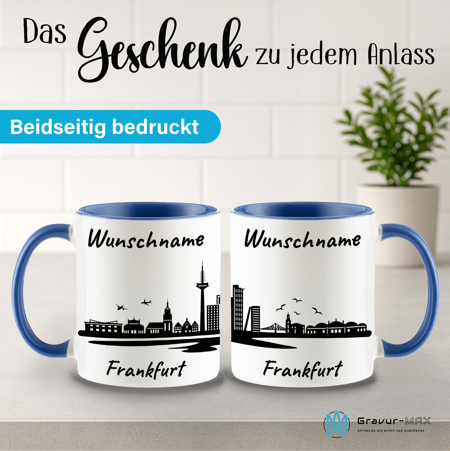 Tasse in Cambridge Blau 330ml bedruckt mit der Skyline von Frankfurt personalisierbar mit Wunschname