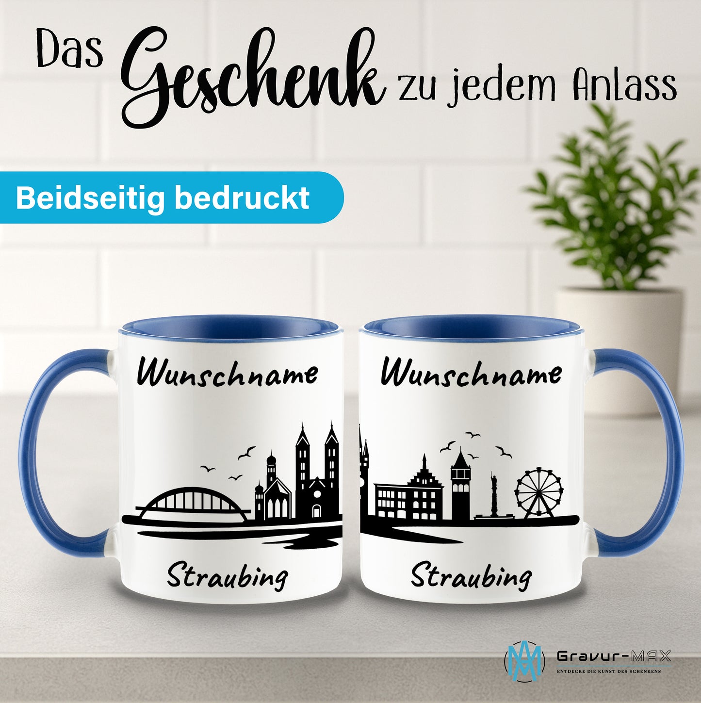 Tasse in Cambridge Blau 330ml bedruckt mit der Skyline von Straubing personalisierbar mit Wunschname
