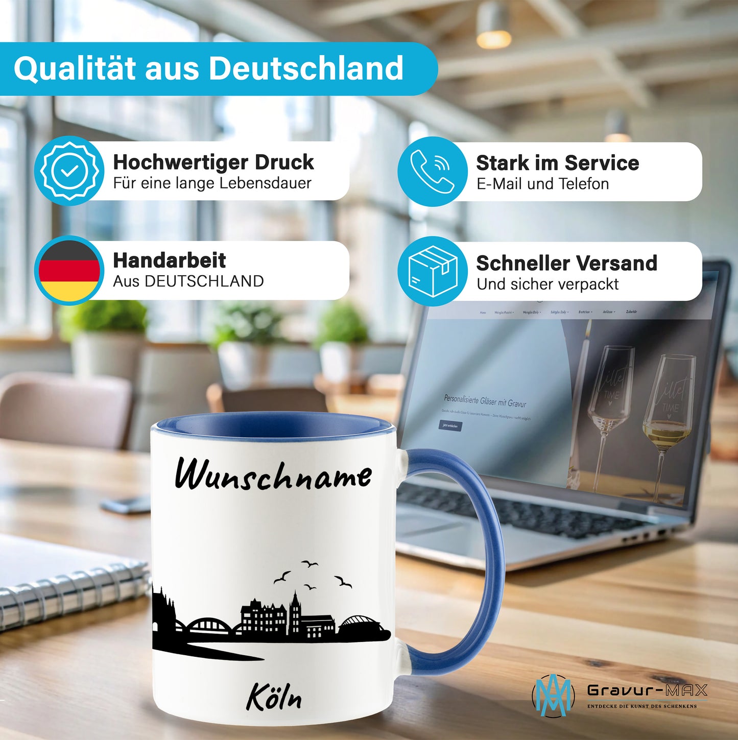 Tasse in Cambridge Blau 330ml bedruckt mit der Skyline von Köln personalisierbar mit Wunschname
