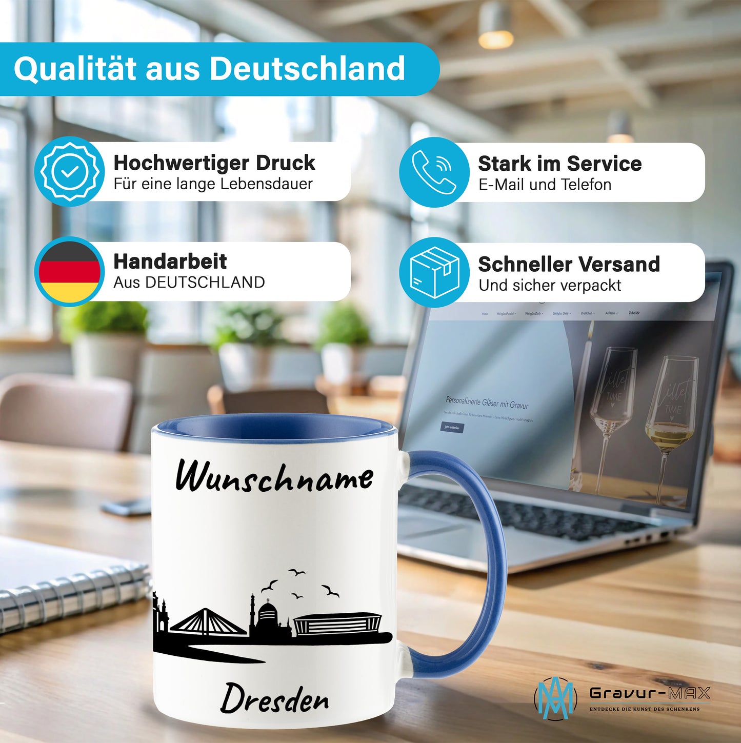 Tasse in Cambridge Blau 330ml bedruckt mit der Skyline von Dresden personalisierbar mit Wunschname