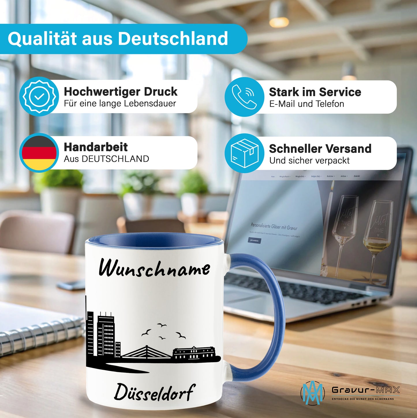 Tasse in Cambridge Blau 330ml bedruckt mit der Skyline von Düsseldorf personalisierbar mit Wunschname