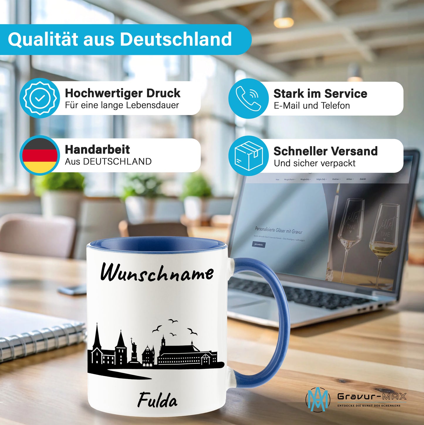 Tasse in Cambridge Blau 330ml bedruckt mit der Skyline von Fulda personalisierbar mit Wunschname