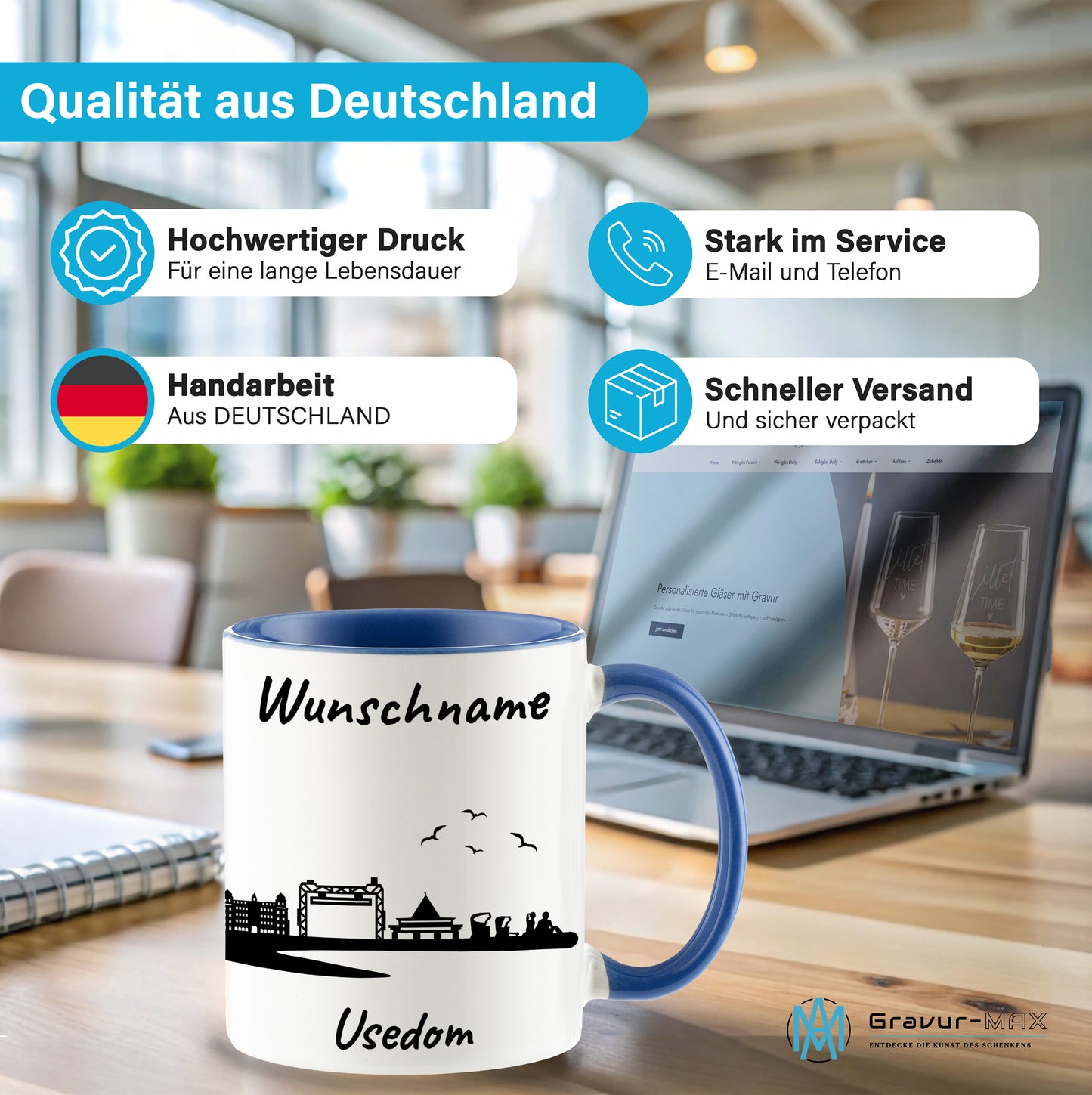 Tasse in Cambridge Blau 330ml bedruckt mit der Skyline von Usedom personalisierbar mit Wunschname