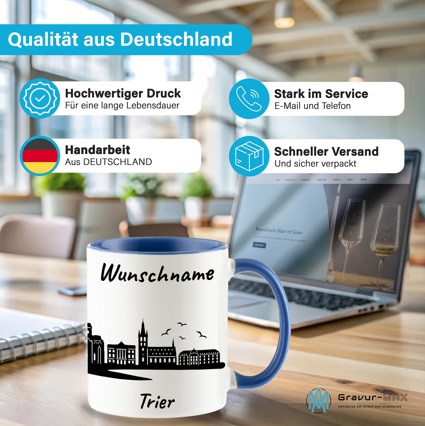Tasse in Cambridge Blau 330ml bedruckt mit der Skyline von Trier personalisierbar mit Wunschname