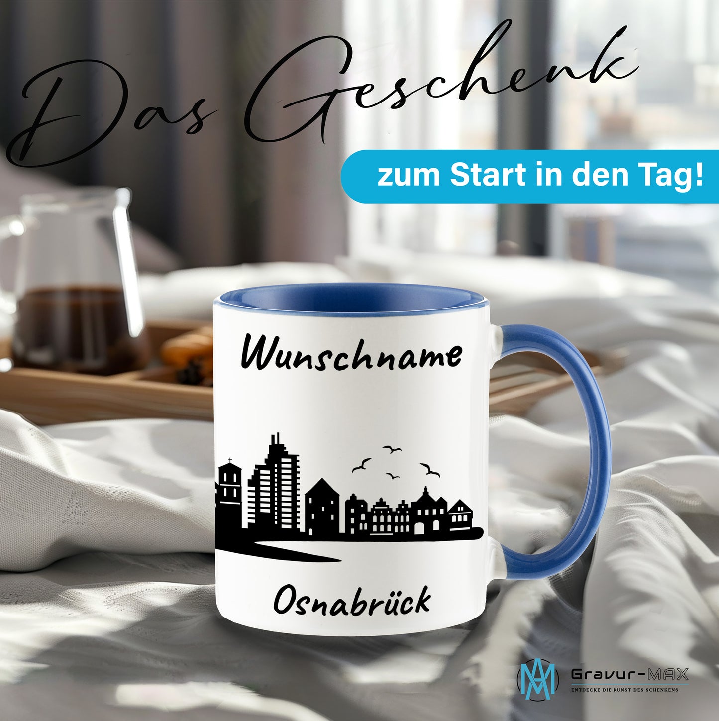 Tasse in Cambridge Blau 330ml bedruckt mit der Skyline von Osnabrück personalisierbar mit Wunschname