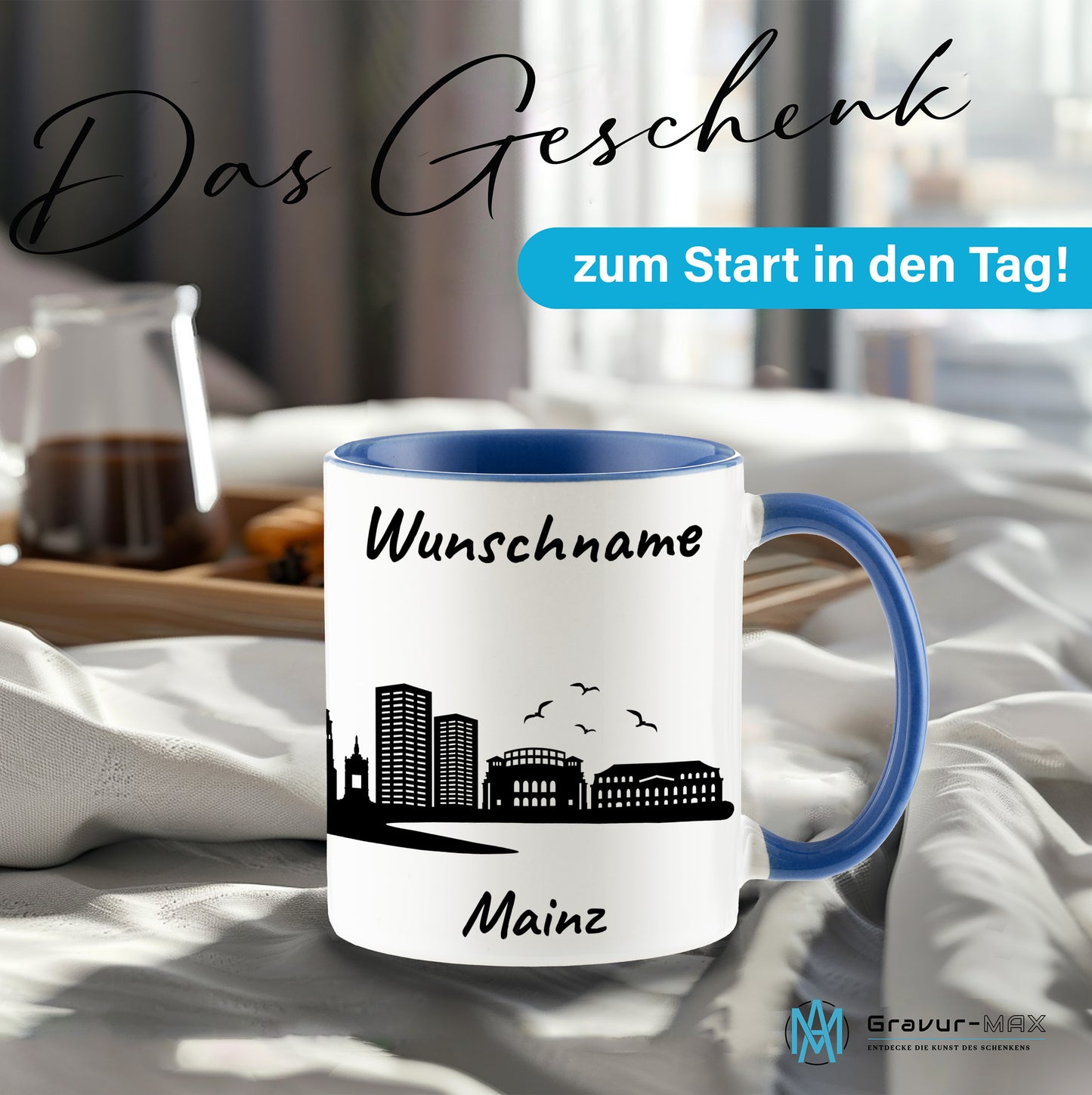 Tasse in Cambridge Blau 330ml bedruckt mit der Skyline von Mainz personalisierbar mit Wunschname