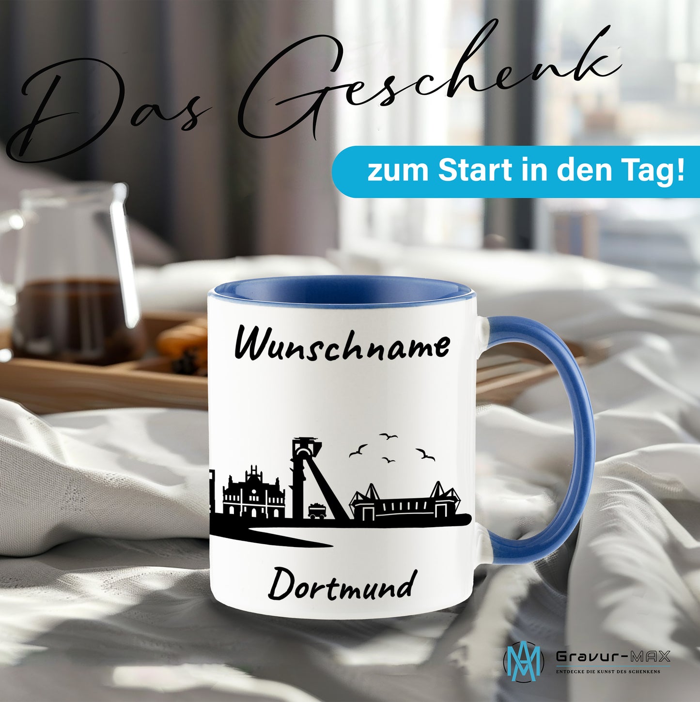 Tasse in Cambridge Blau 330ml bedruckt mit der Skyline von Dortmund personalisierbar mit Wunschname