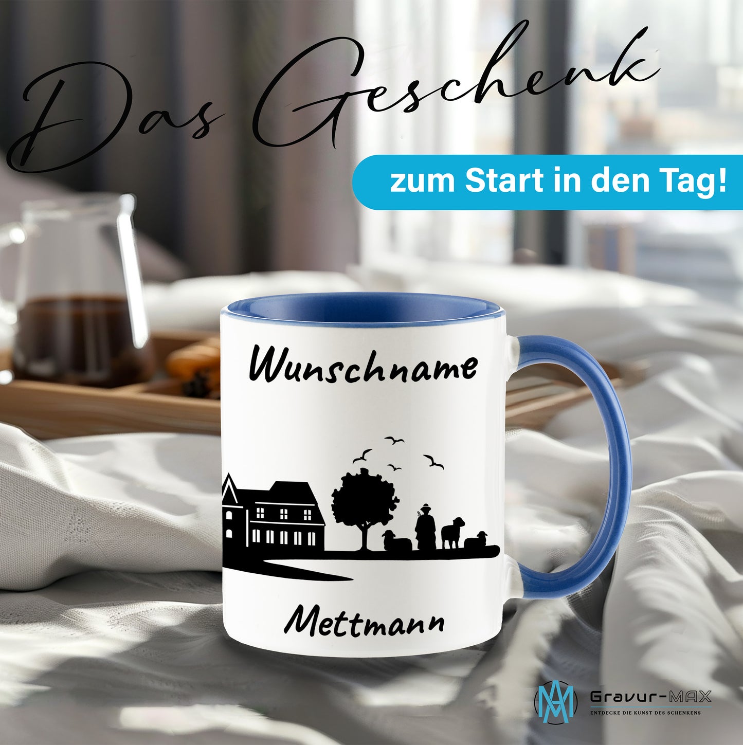 Tasse in Cambridge Blau 330ml bedruckt mit der Skyline von Mettmann personalisierbar mit Wunschname