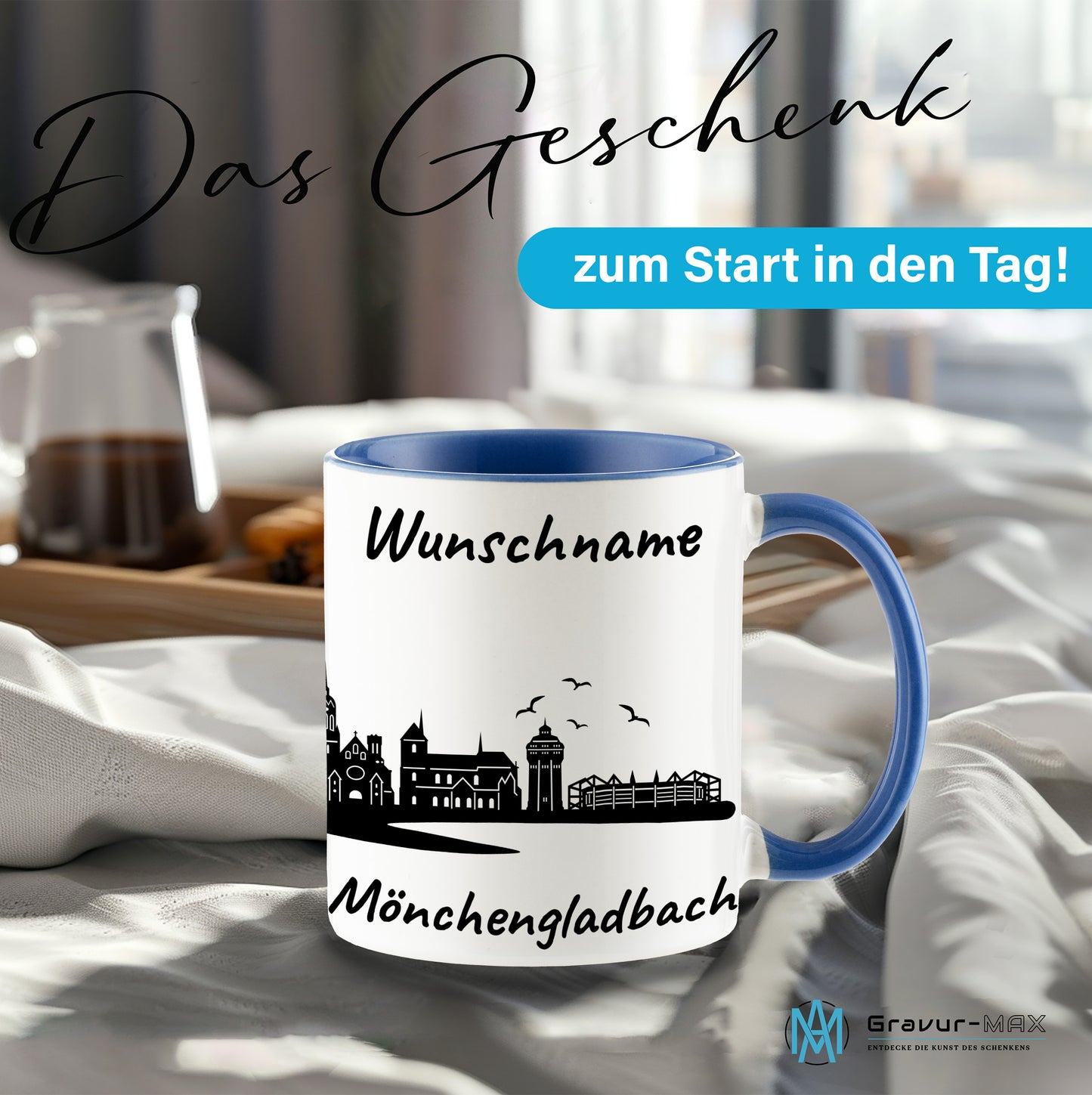 Tasse in Cambridge Blau 330ml bedruckt mit der Skyline von Mönchengladbach personalisierbar mit Wunschname