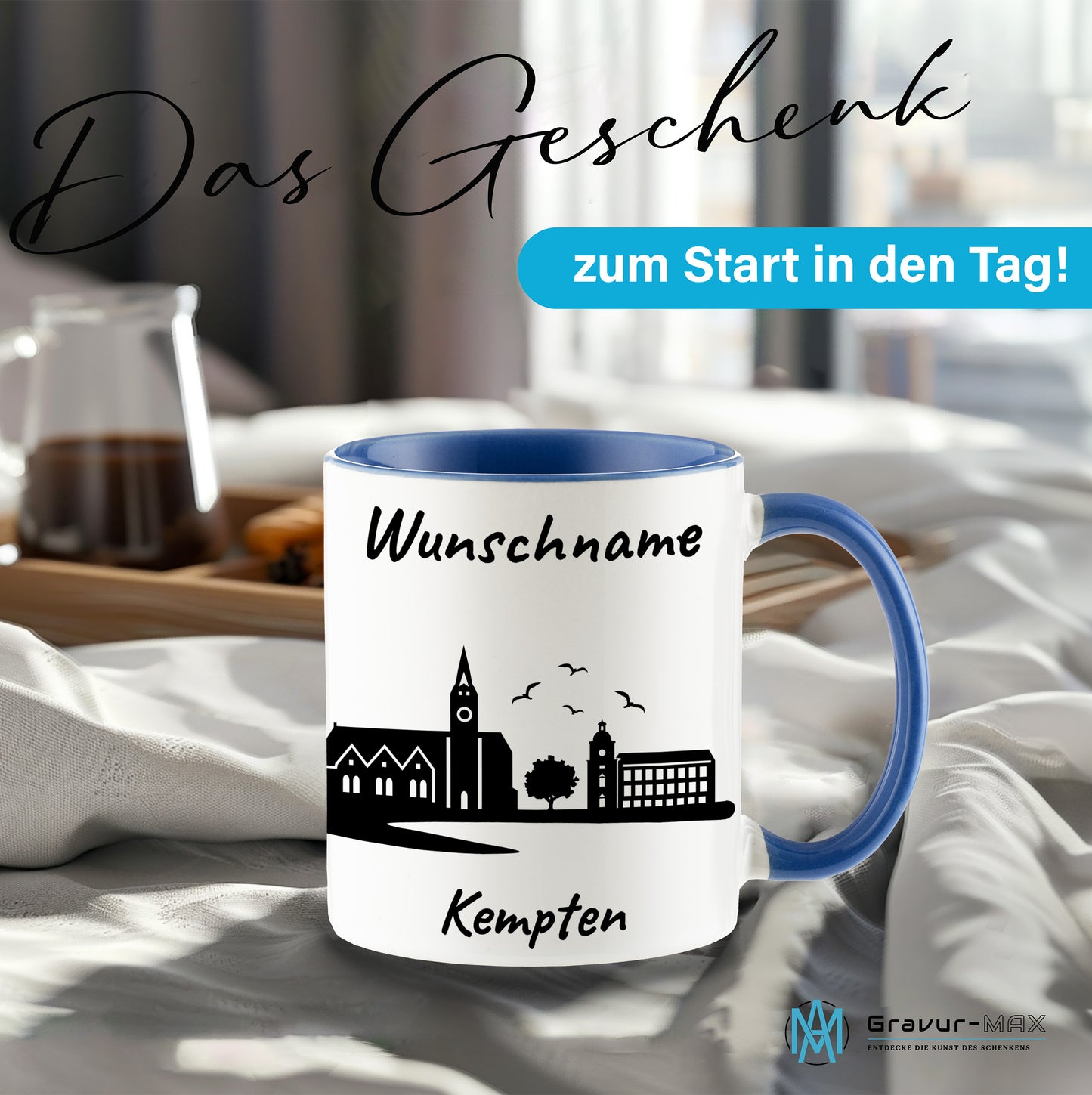 Tasse in Cambridge Blau 330ml bedruckt mit der Skyline von Kempten personalisierbar mit Wunschname
