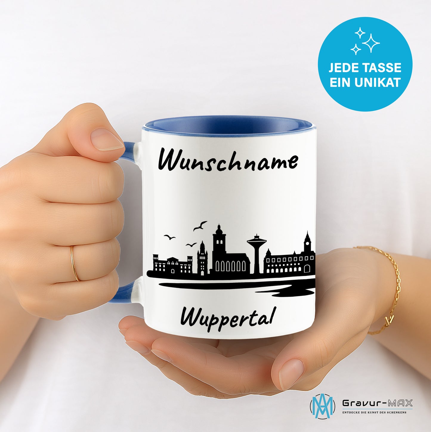 Tasse in Cambridge Blau 330ml bedruckt mit der Skyline von Wuppertal personalisierbar mit Wunschname