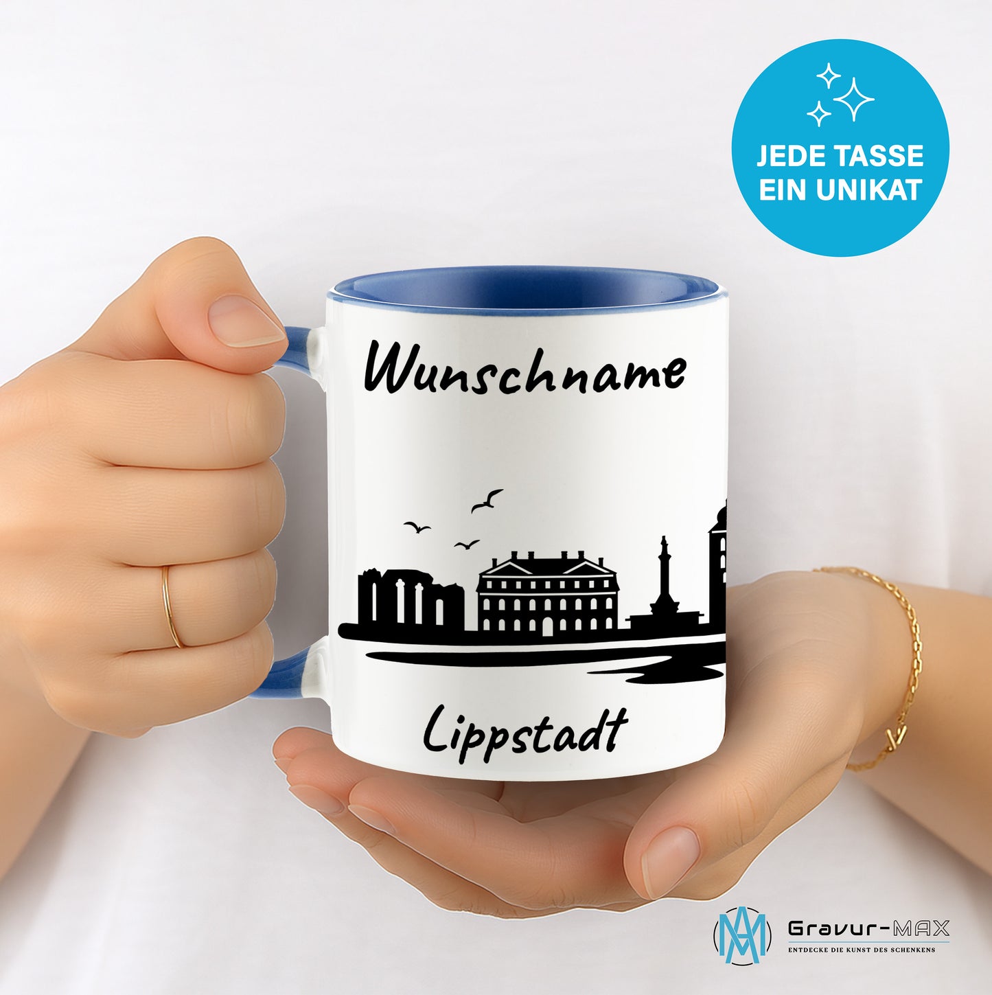 Tasse in Cambridge Blau 330ml bedruckt mit der Skyline von Lippstadt personalisierbar mit Wunschname