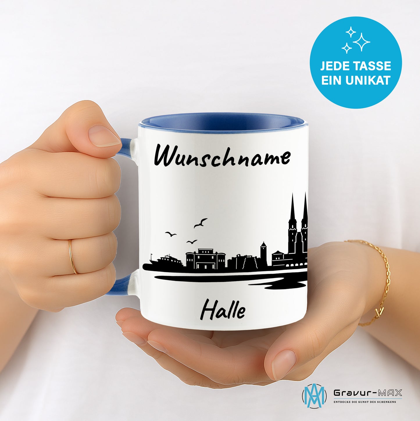 Tasse in Cambridge Blau 330ml bedruckt mit der Skyline von Halle personalisierbar mit Wunschname