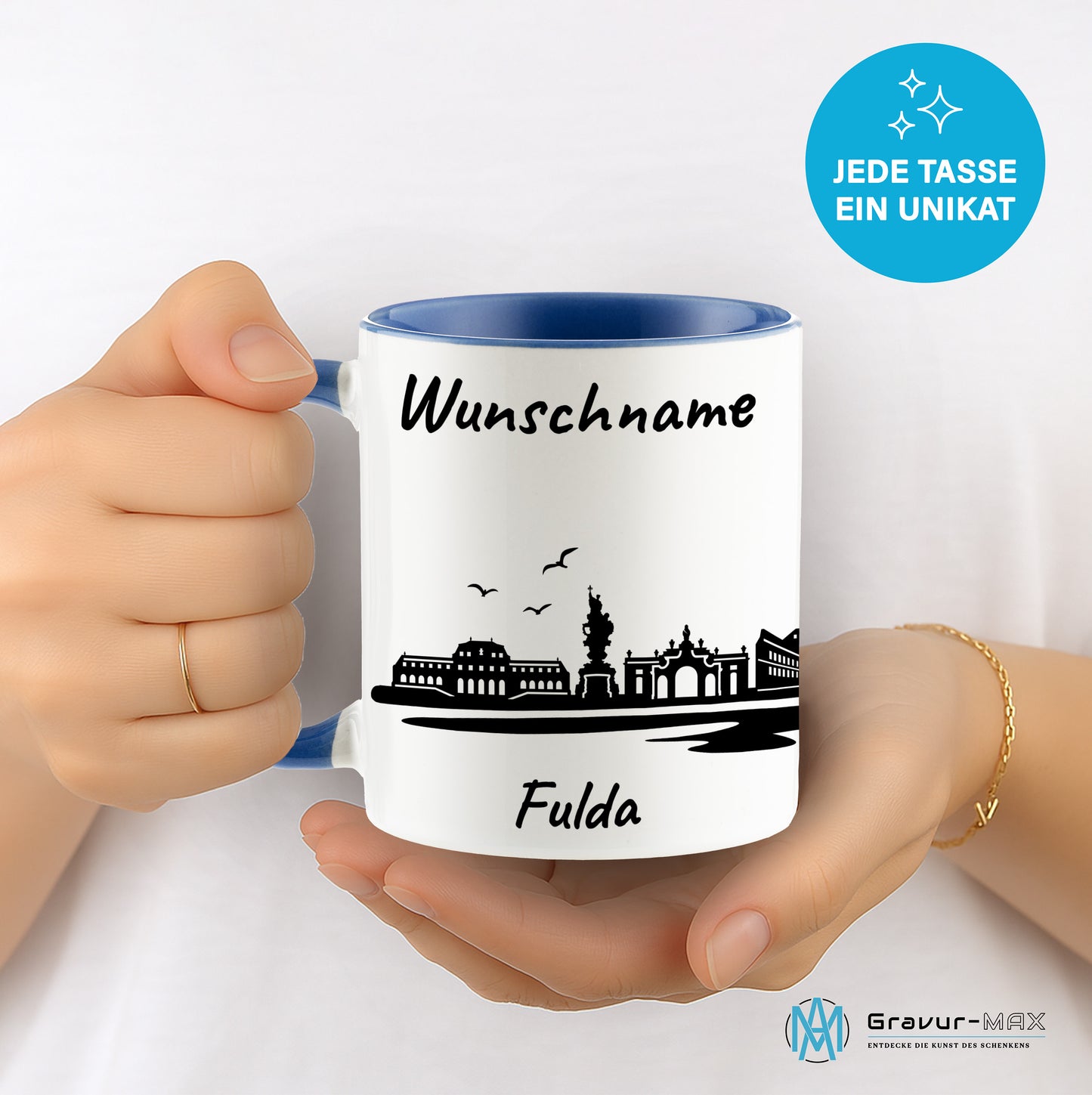 Tasse in Cambridge Blau 330ml bedruckt mit der Skyline von Fulda personalisierbar mit Wunschname