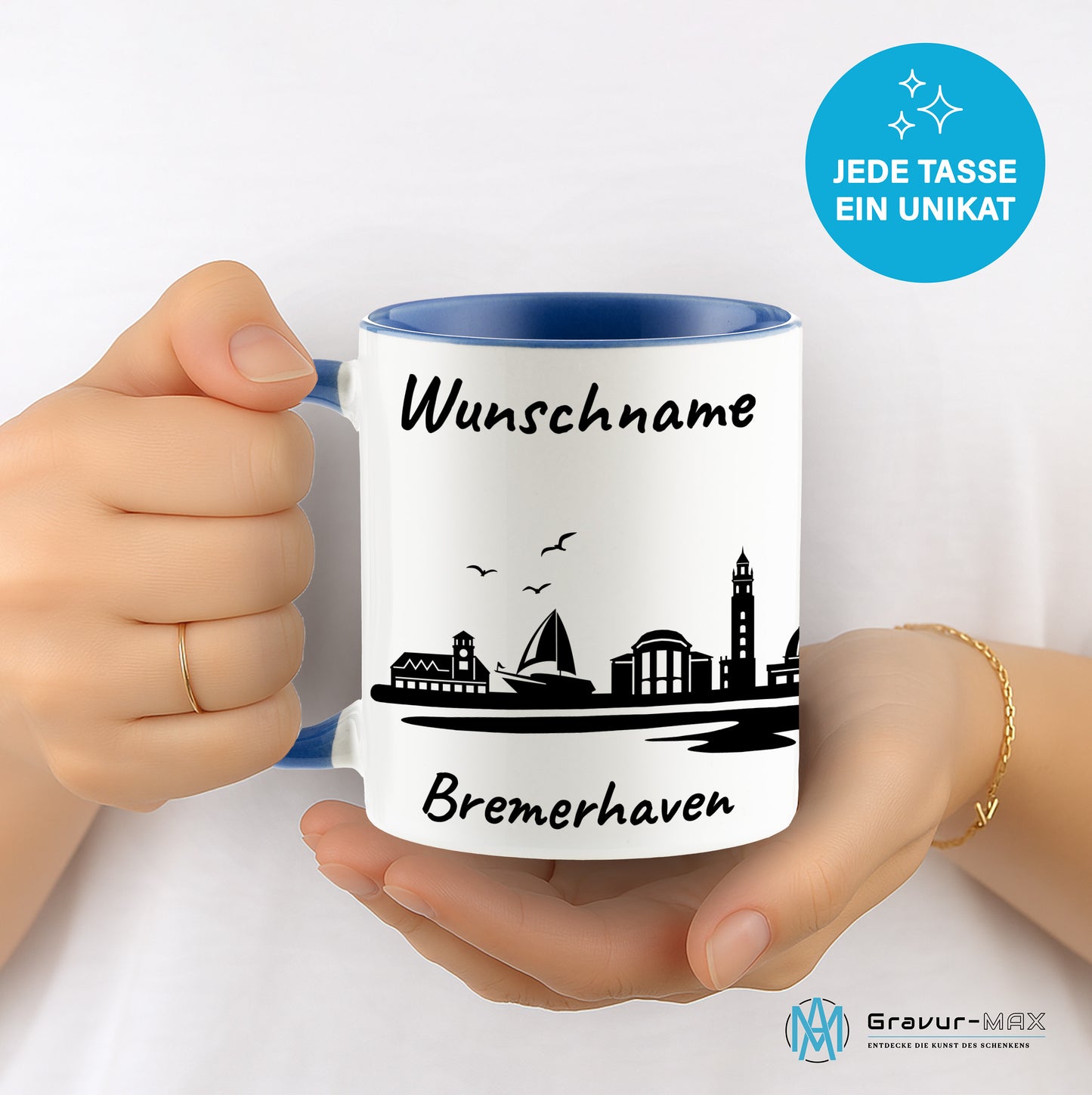 Tasse in Cambridge Blau 330ml bedruckt mit der Skyline von Bremerhaven personalisierbar mit Wunschname