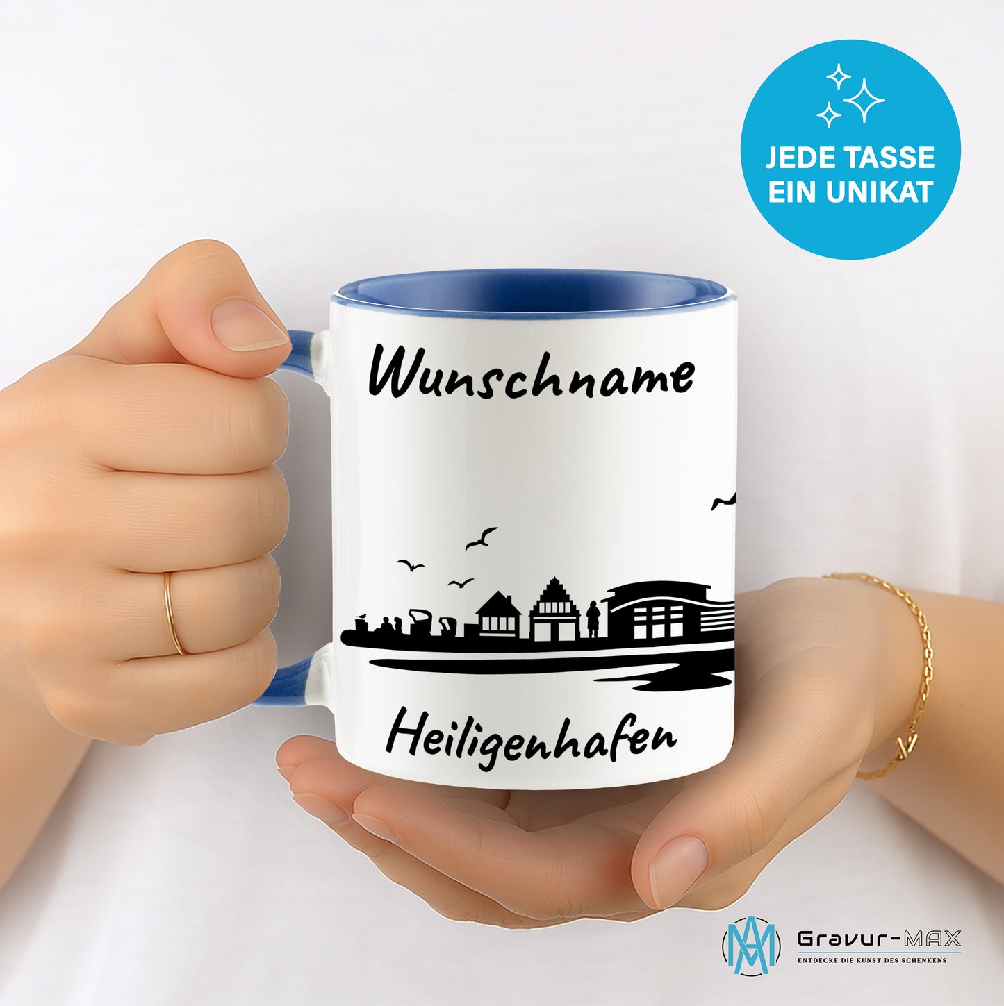 Tasse in Cambridge Blau 330ml bedruckt mit der Skyline von Heiligenhafen personalisierbar mit Wunschname