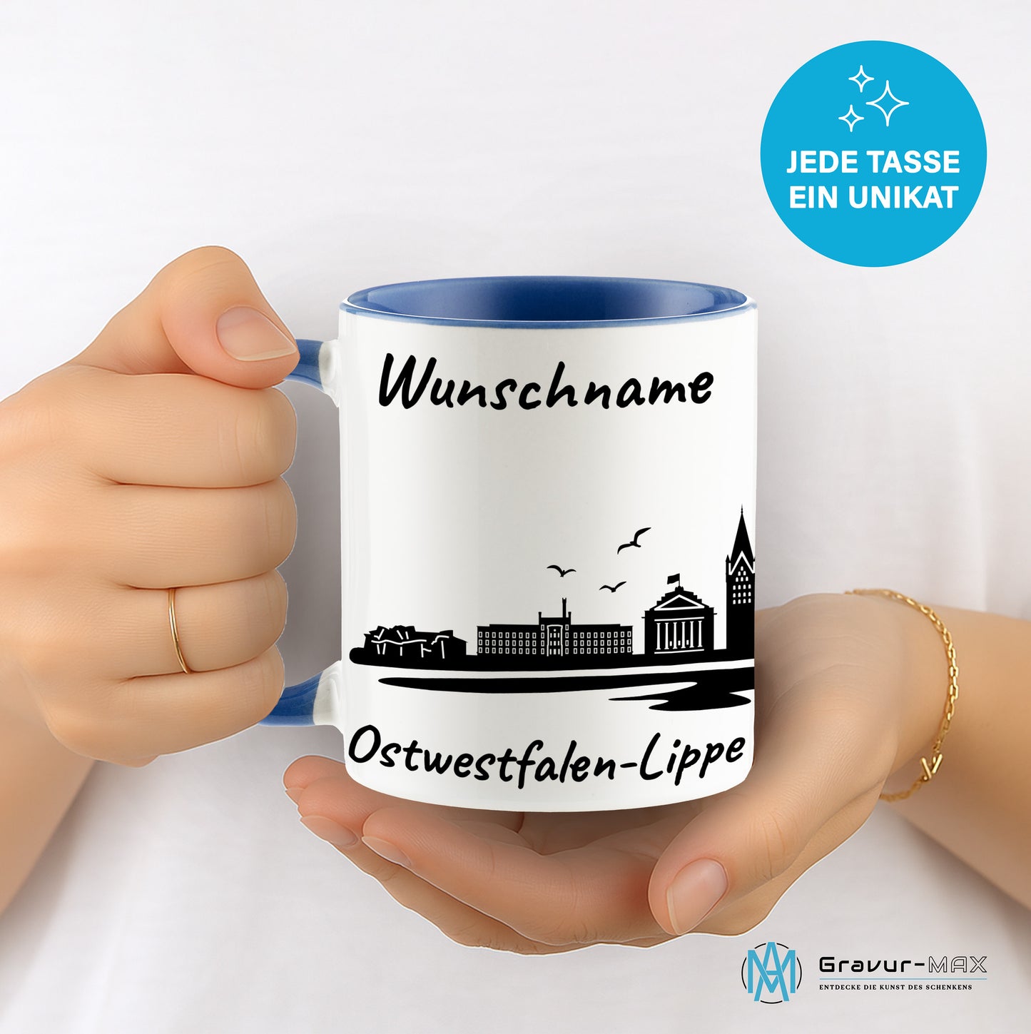Tasse in Cambridge Blau 330ml bedruckt mit der Skyline von Ostwestfalen-Lippe personalisierbar mit Wunschname