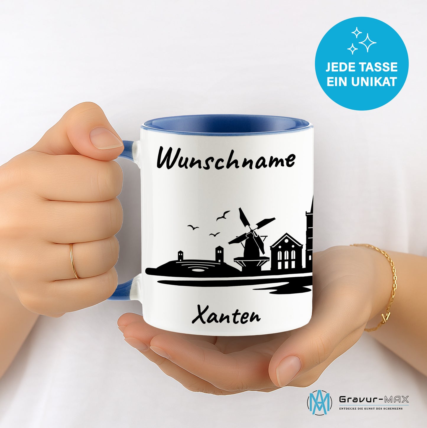 Tasse in Cambridge Blau 330ml bedruckt mit der Skyline von Xanten personalisierbar mit Wunschname