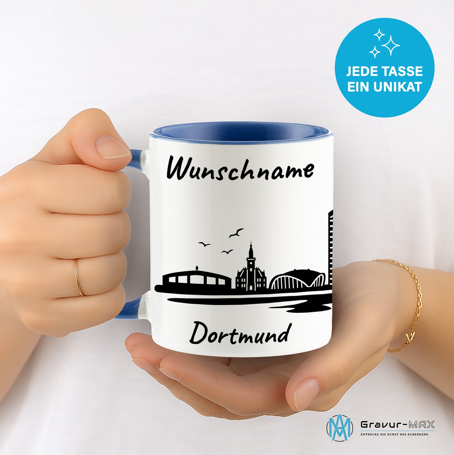 Tasse in Cambridge Blau 330ml bedruckt mit der Skyline von Dortmund personalisierbar mit Wunschname