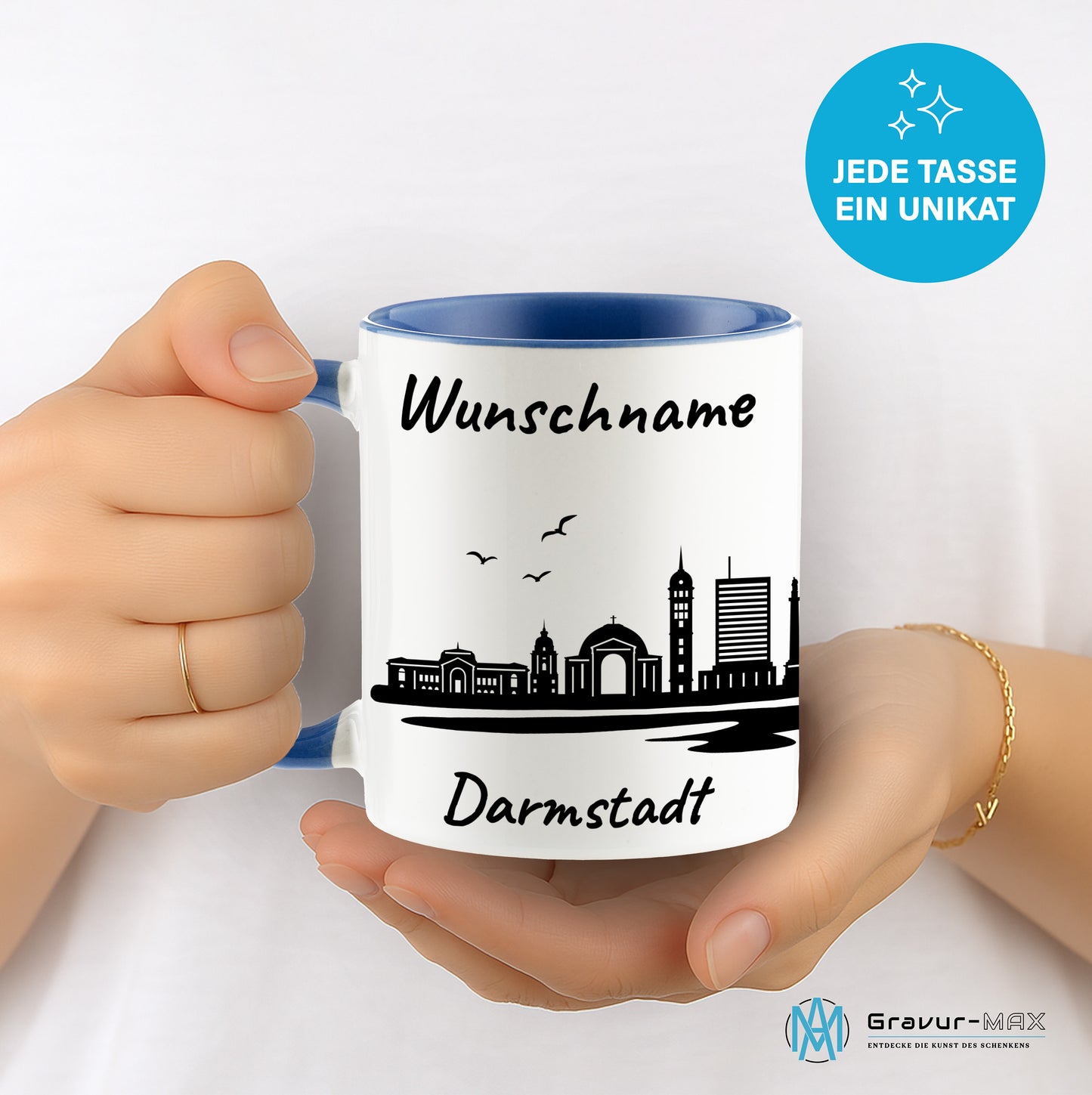 Tasse in Cambridge Blau 330ml bedruckt mit der Skyline von Darmstadt personalisierbar mit Wunschname