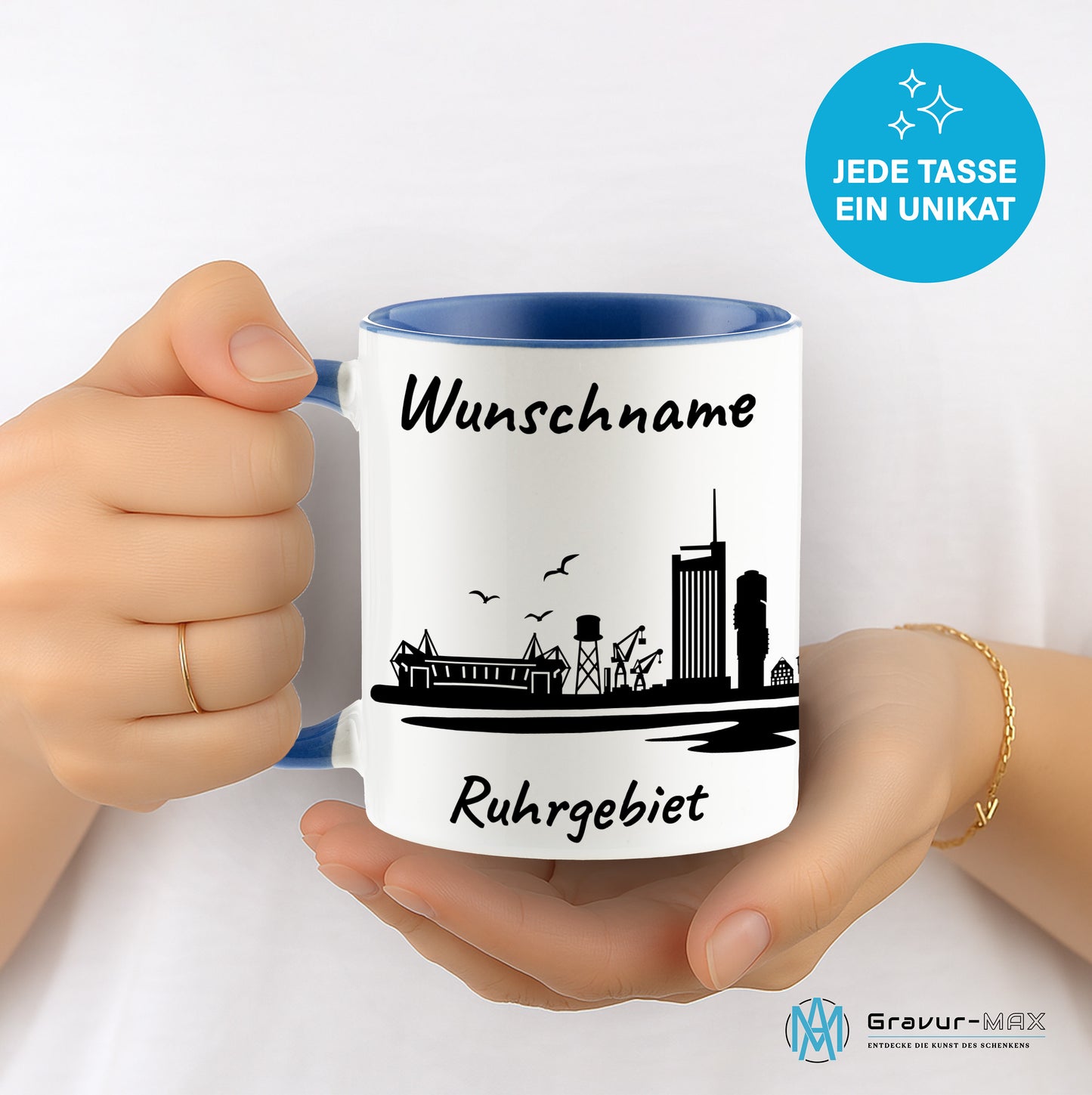 Tasse in Cambridge Blau 330ml bedruckt mit der Skyline von Ruhrgebiet personalisierbar mit Wunschname