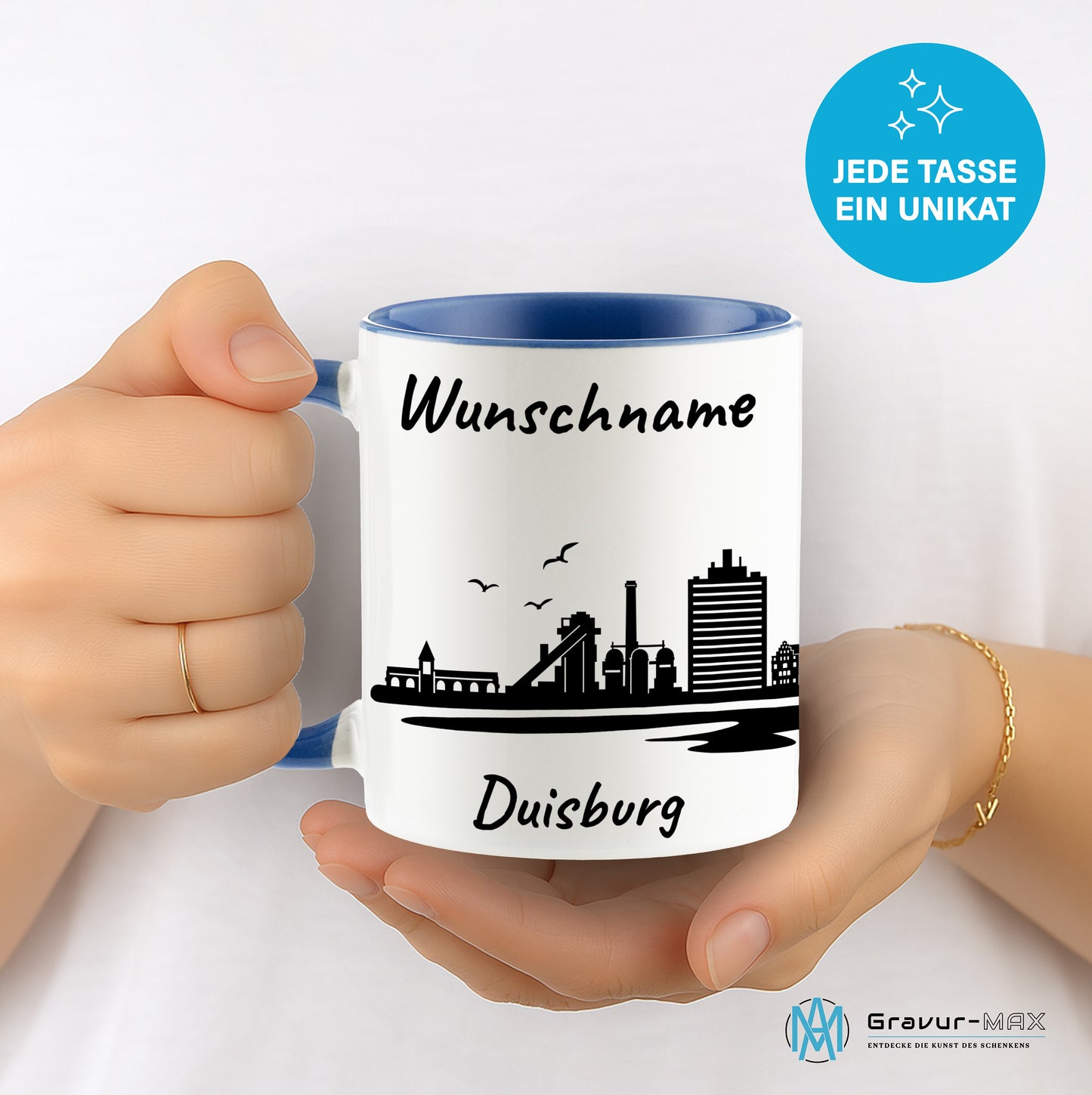 Tasse in Cambridge Blau 330ml bedruckt mit der Skyline von Duisburg personalisierbar mit Wunschname