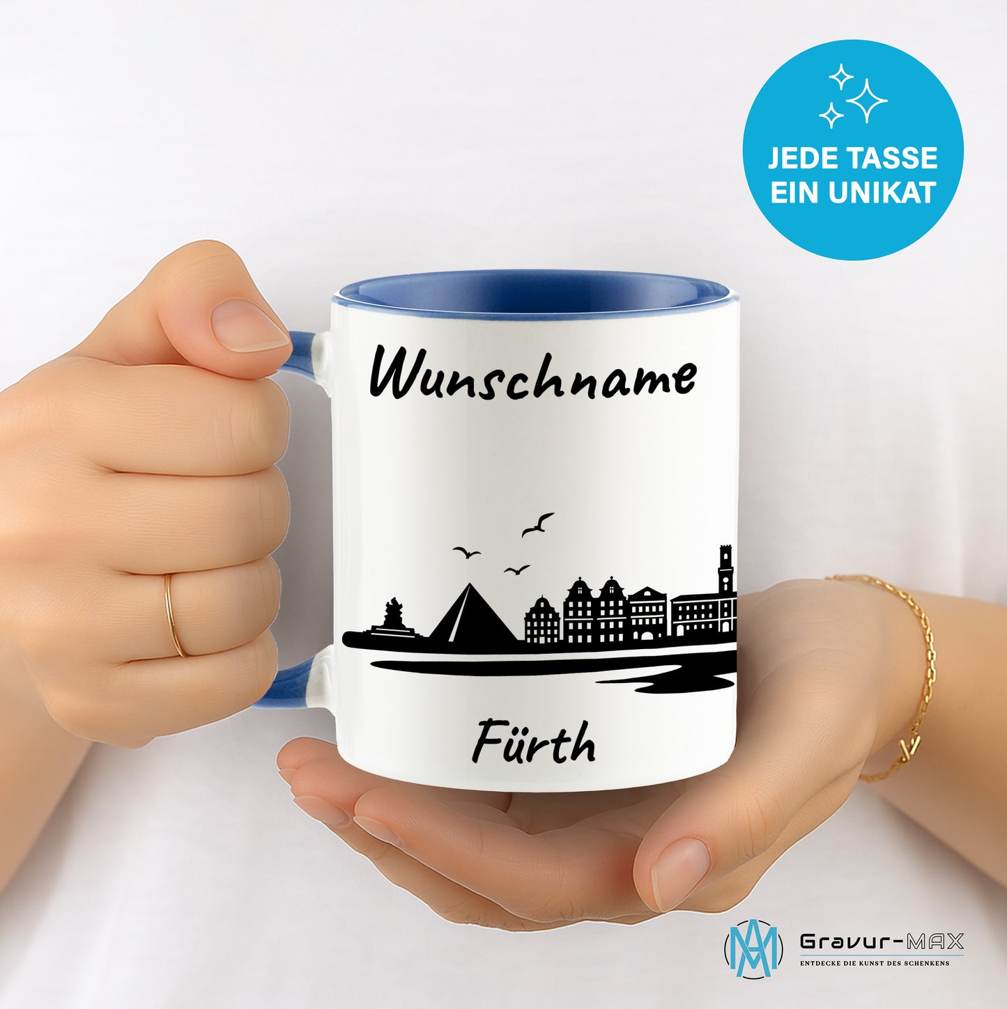 Tasse in Cambridge Blau 330ml bedruckt mit der Skyline von Fürth personalisierbar mit Wunschname