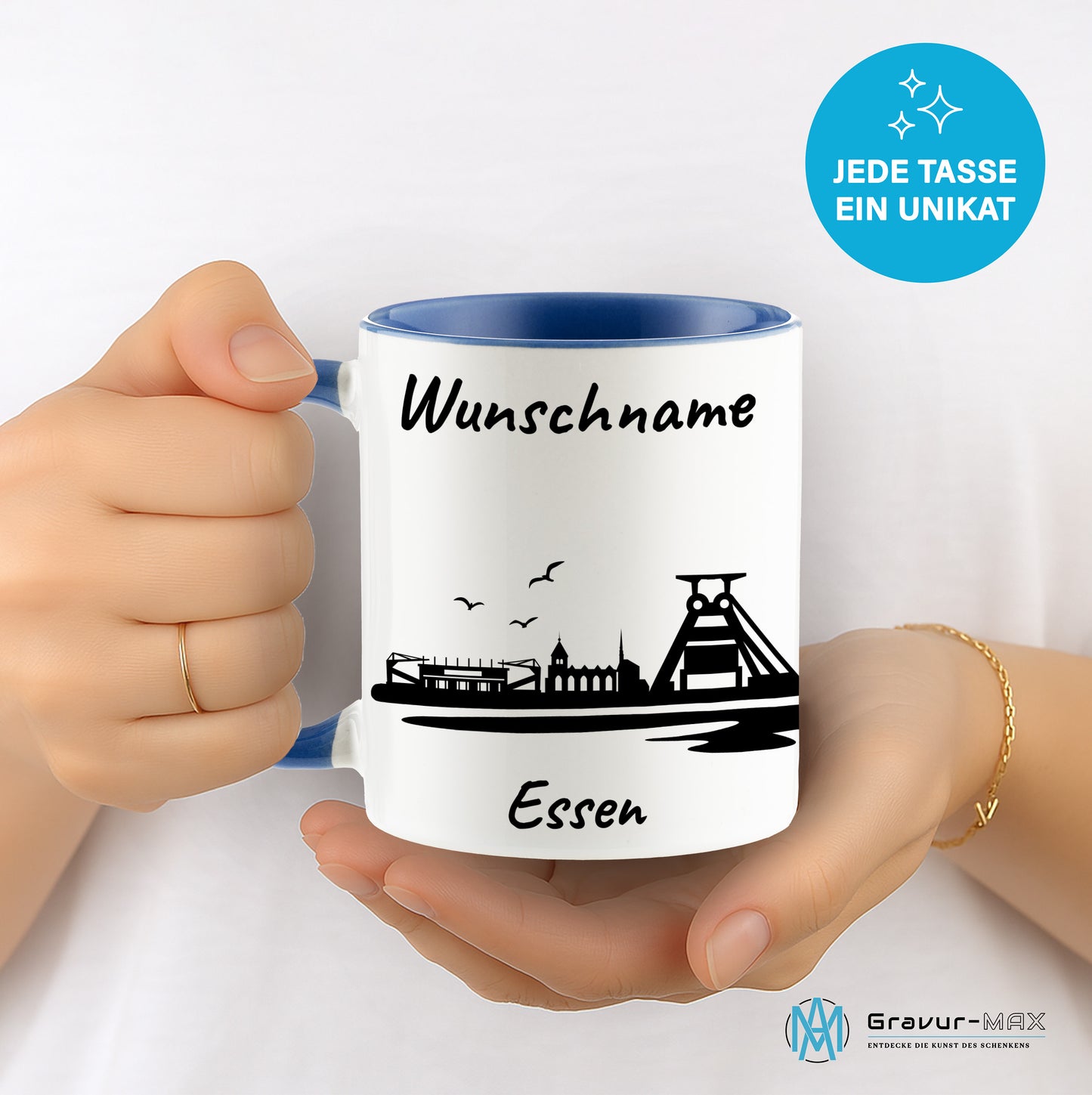 Tasse in Cambridge Blau 330ml bedruckt mit der Skyline von Essen personalisierbar mit Wunschname