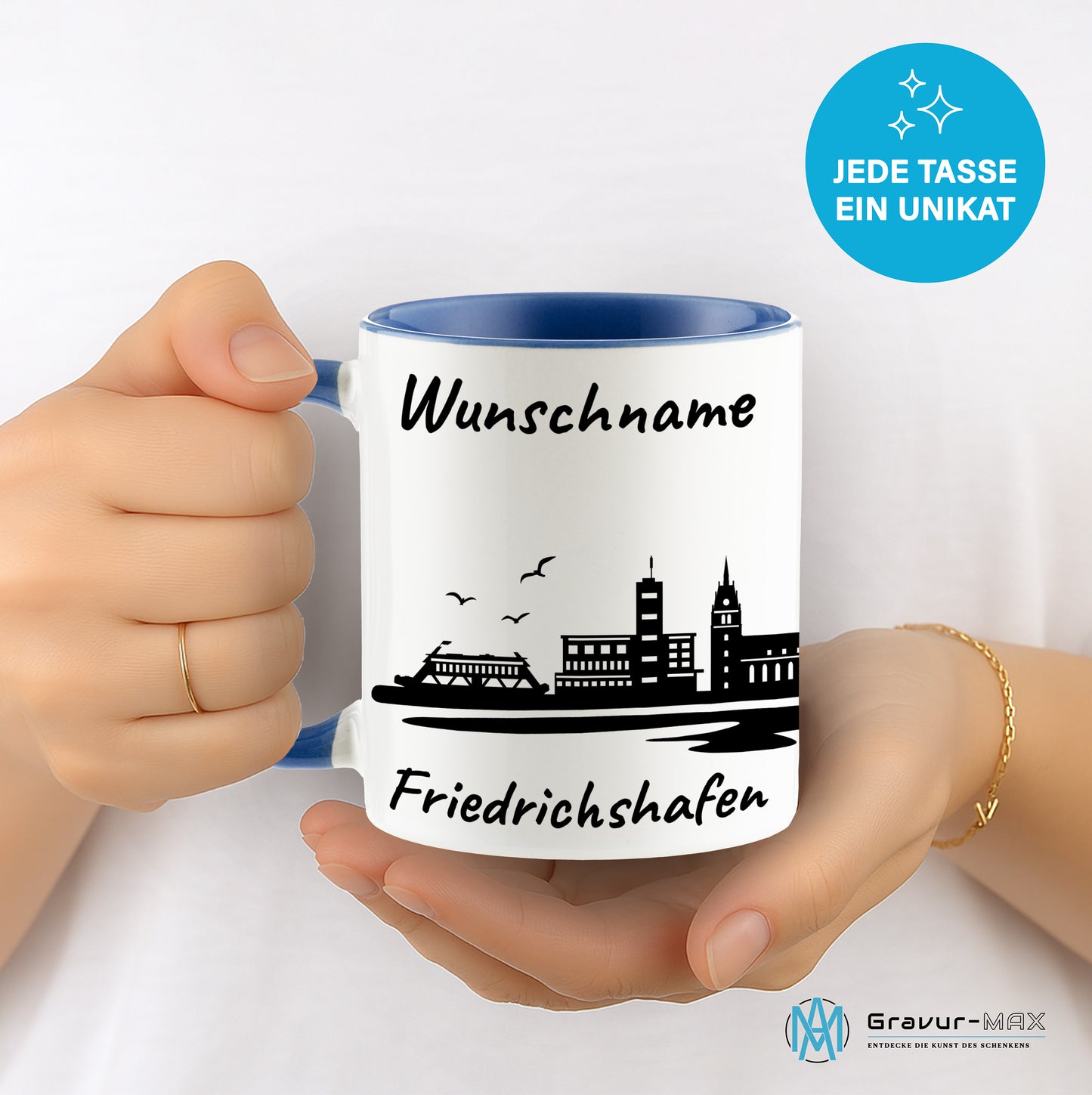Tasse in Cambridge Blau 330ml bedruckt mit der Skyline von Friedrichshafen personalisierbar mit Wunschname