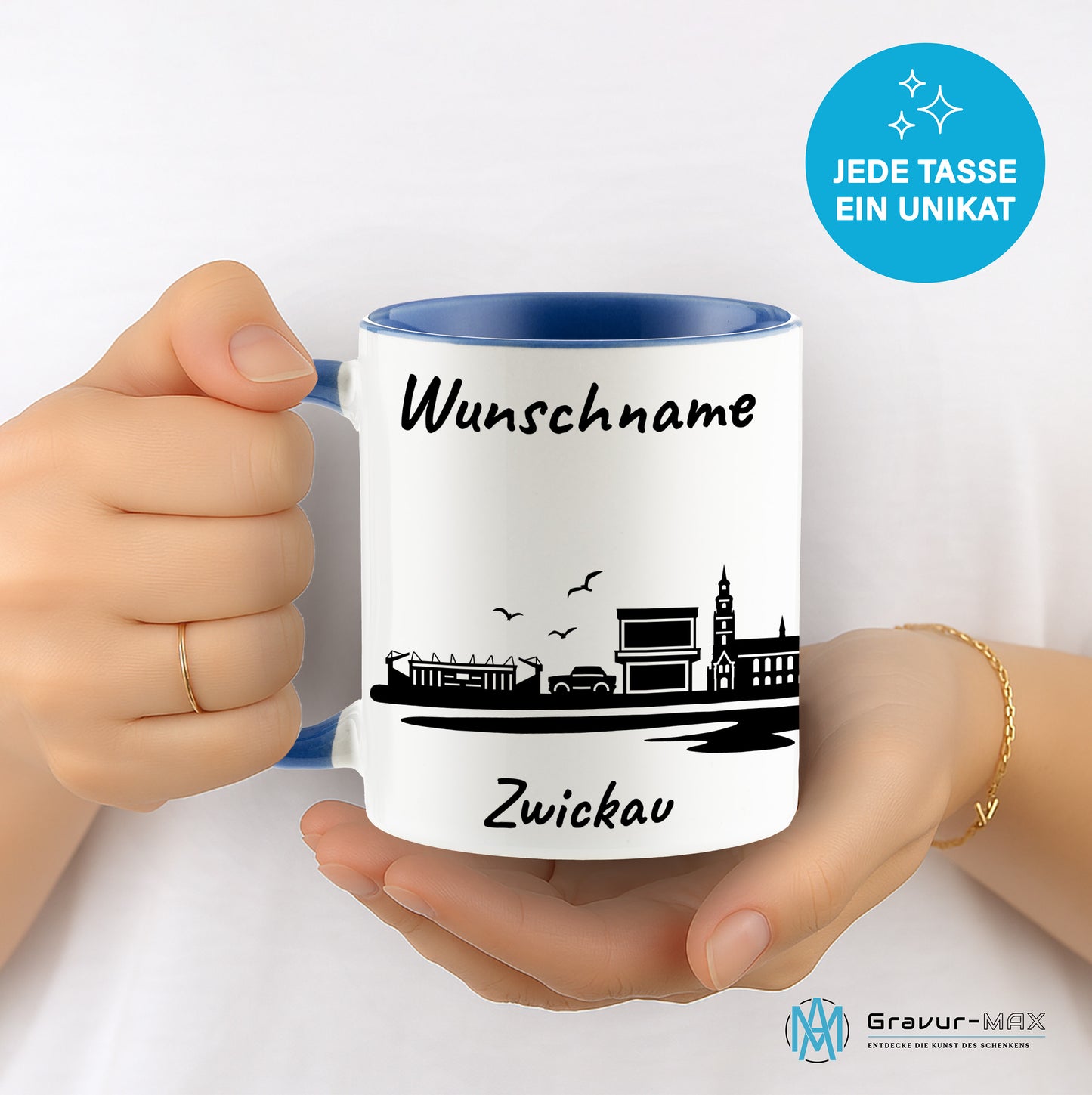 Tasse in Cambridge Blau 330ml bedruckt mit der Skyline von Zwickau personalisierbar mit Wunschname