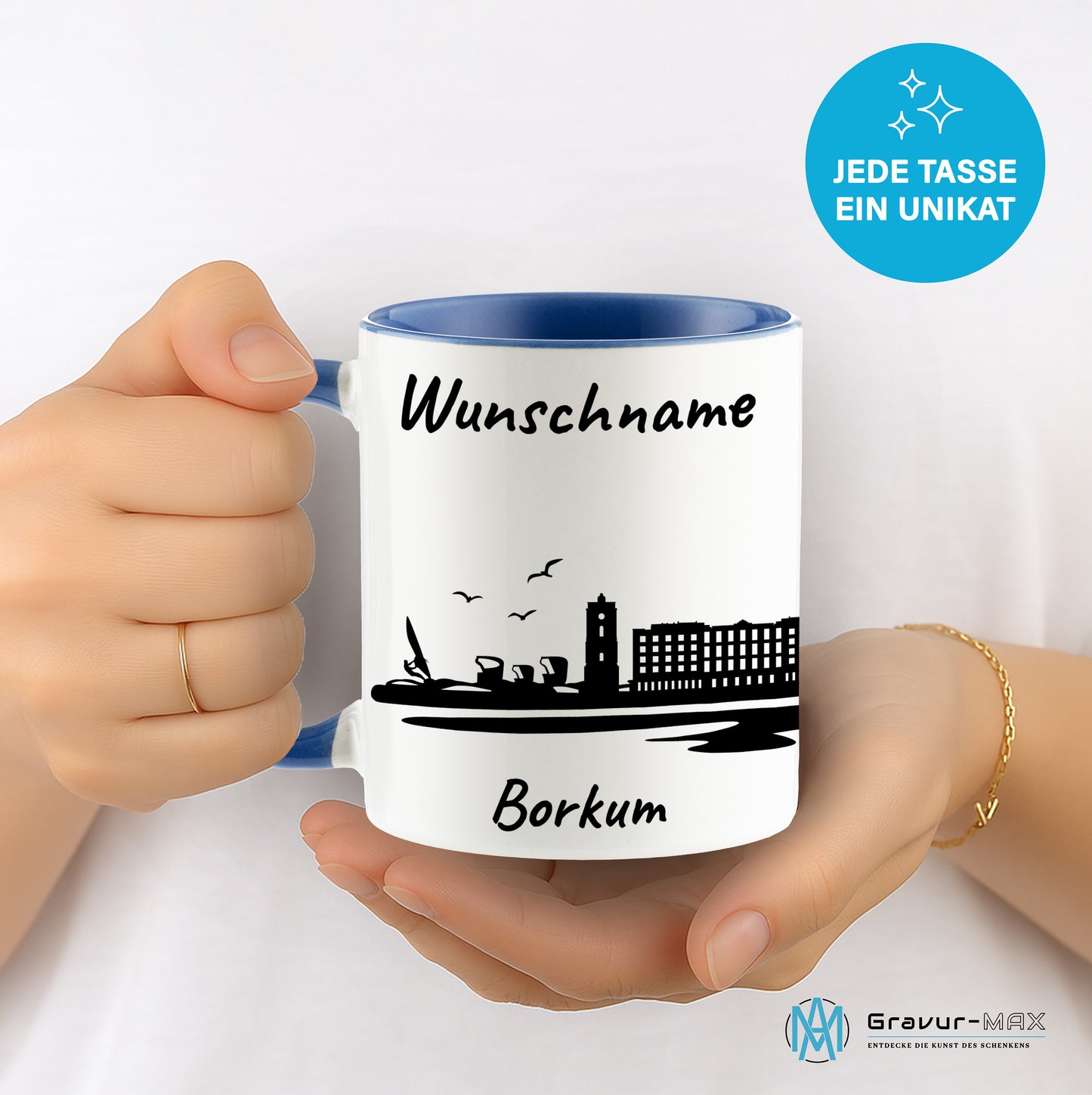 Tasse in Cambridge Blau 330ml bedruckt mit der Skyline von Borkum personalisierbar mit Wunschname
