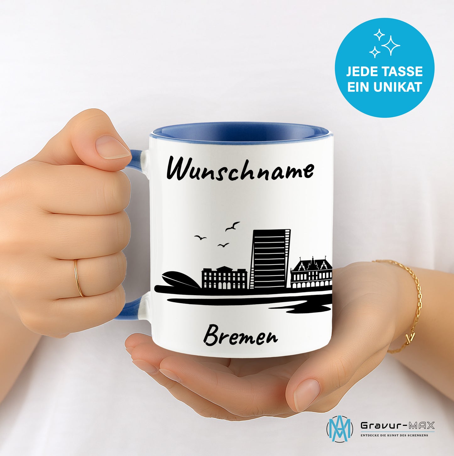 Tasse in Cambridge Blau 330ml bedruckt mit der Skyline von Bremen personalisierbar mit Wunschname
