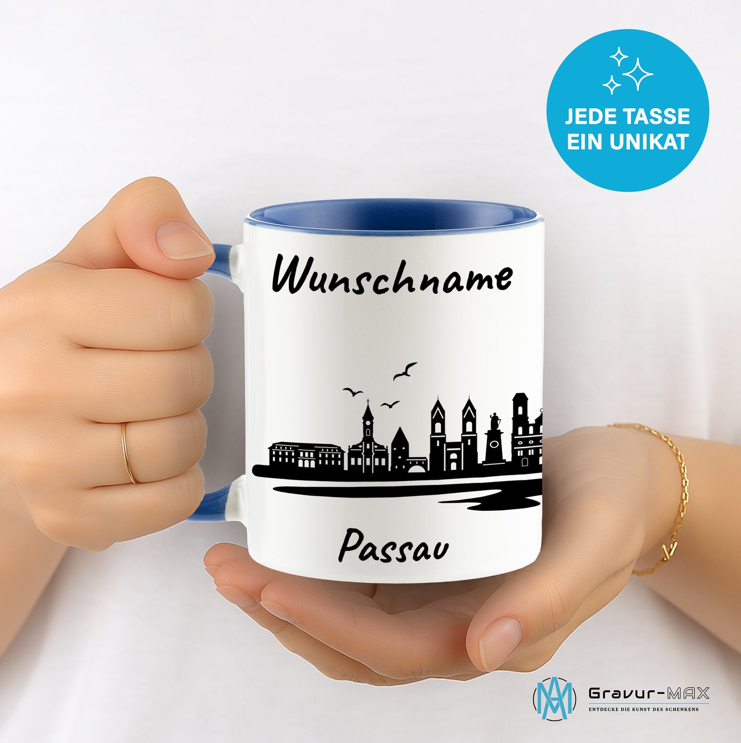 Tasse in Cambridge Blau 330ml bedruckt mit der Skyline von Passau personalisierbar mit Wunschname