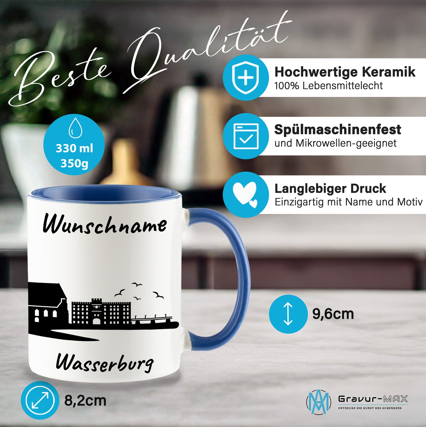 Tasse in Cambridge Blau 330ml bedruckt mit der Skyline von Wasserburg personalisierbar mit Wunschname