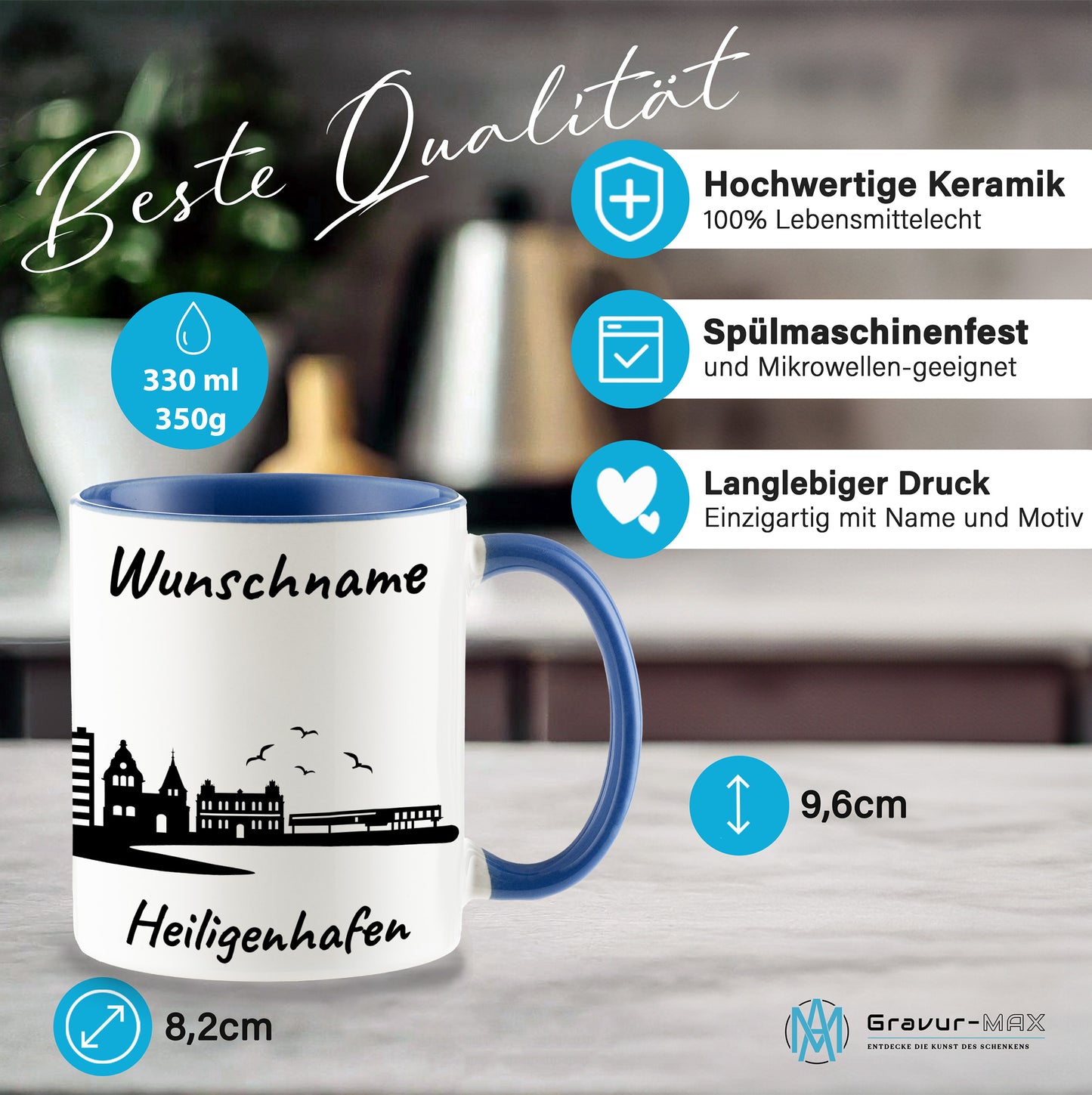 Tasse in Cambridge Blau 330ml bedruckt mit der Skyline von Heiligenhafen personalisierbar mit Wunschname
