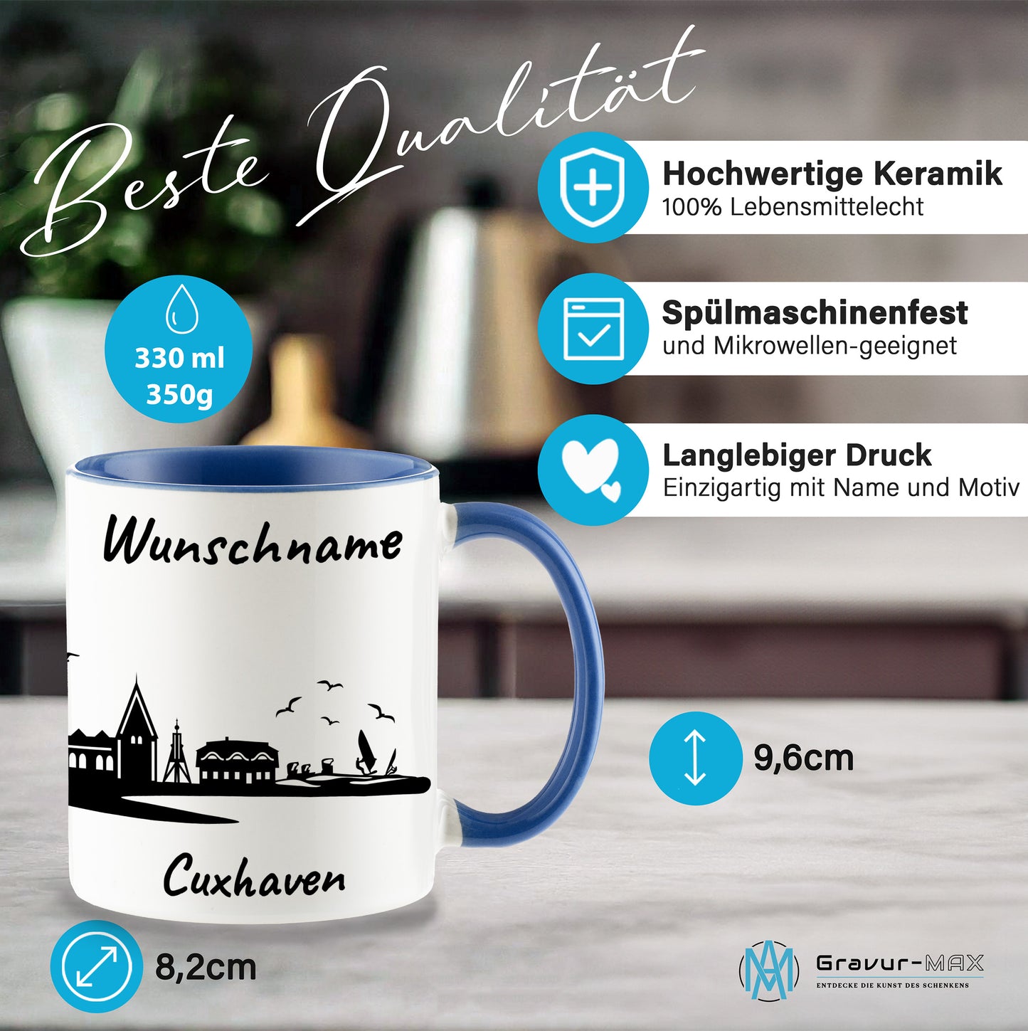 Tasse in Cambridge Blau 330ml bedruckt mit der Skyline von Cuxhaven personalisierbar mit Wunschname
