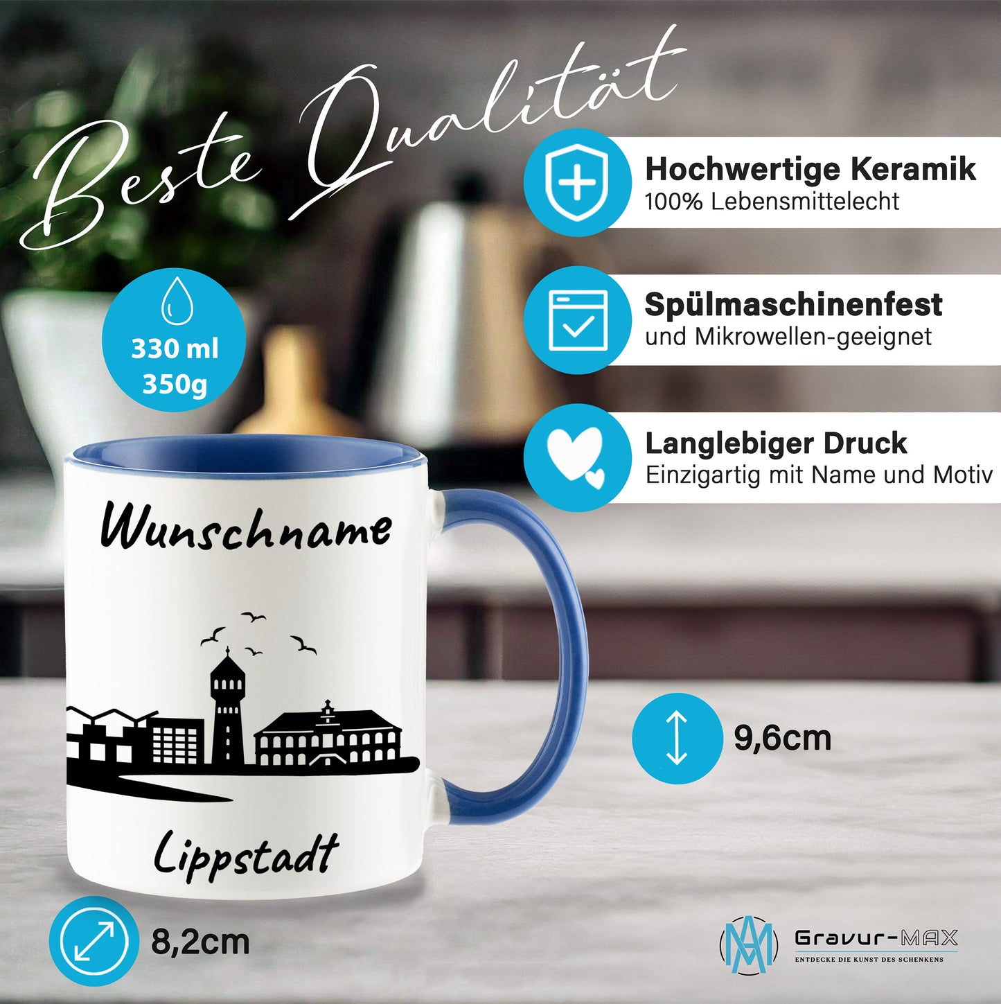 Tasse in Cambridge Blau 330ml bedruckt mit der Skyline von Lippstadt personalisierbar mit Wunschname