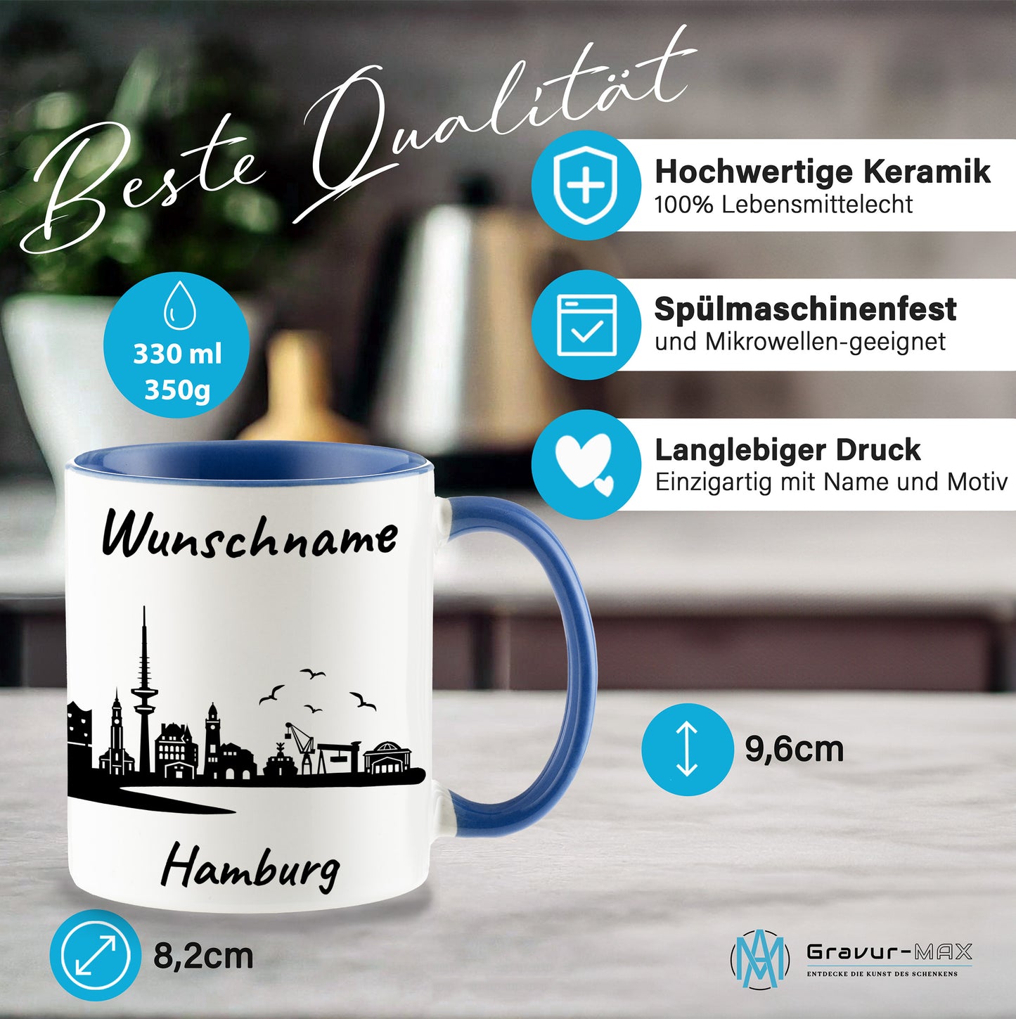 Tasse in Cambridge Blau 330ml bedruckt mit der Skyline von Hamburg personalisierbar mit Wunschname