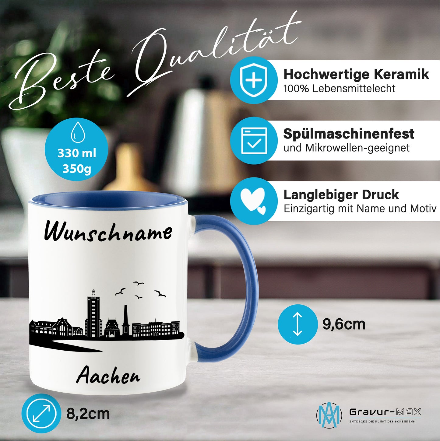 Tasse in Cambridge Blau 330ml bedruckt mit der Skyline von Aachen personalisierbar mit Wunschname
