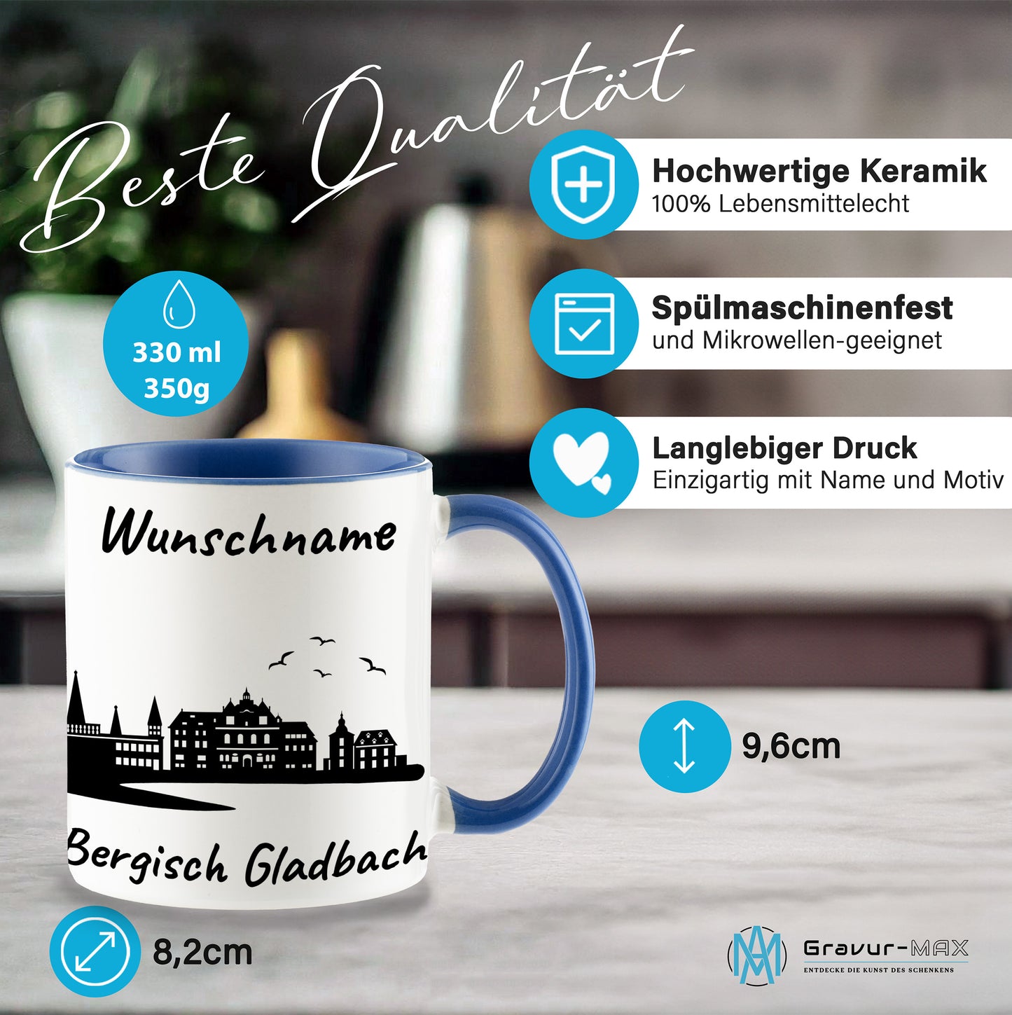 Tasse in Cambridge Blau 330ml bedruckt mit der Skyline von Bergisch Gladbach personalisierbar mit Wunschname
