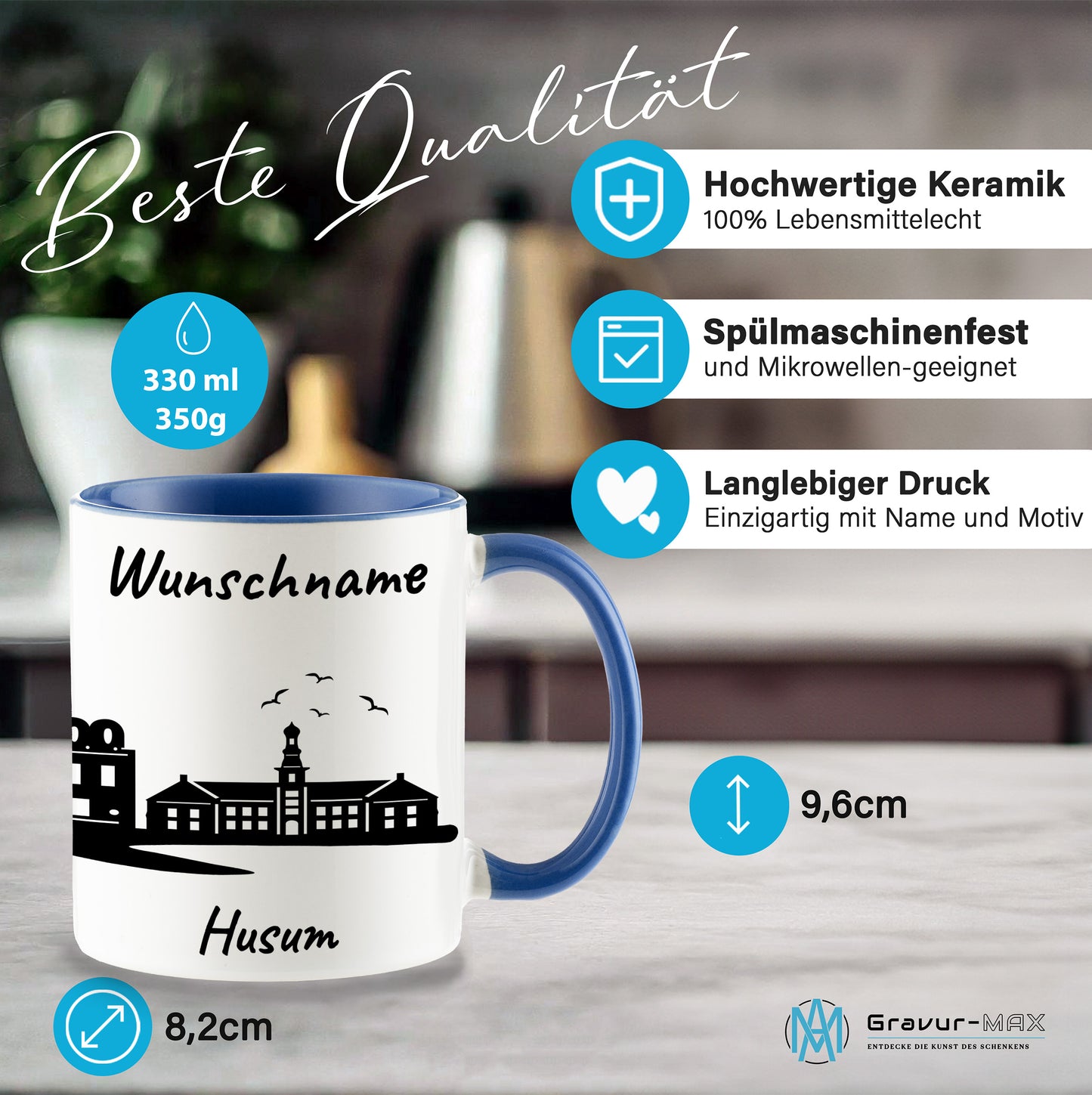 Tasse in Cambridge Blau 330ml bedruckt mit der Skyline von Husum personalisierbar mit Wunschname