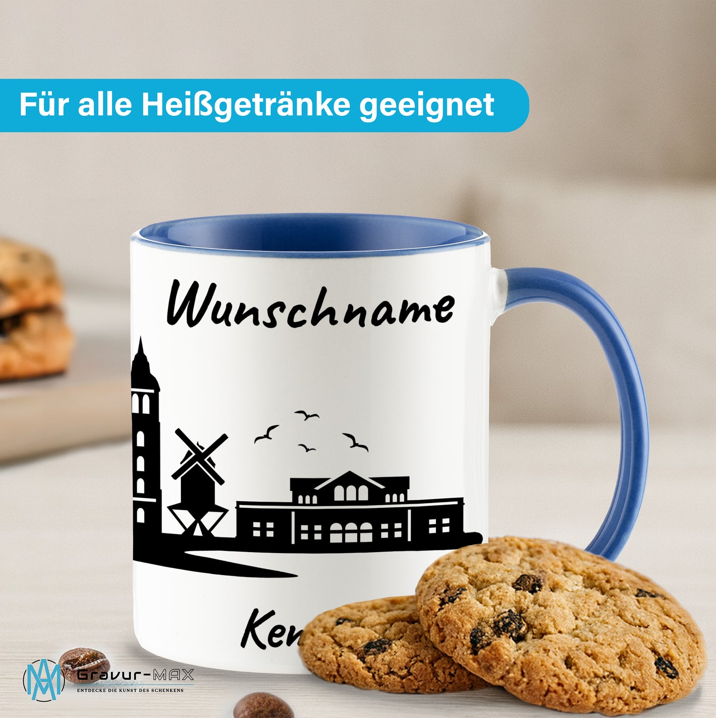 Tasse in Cambridge Blau 330ml bedruckt mit der Skyline von Kempen personalisierbar mit Wunschname