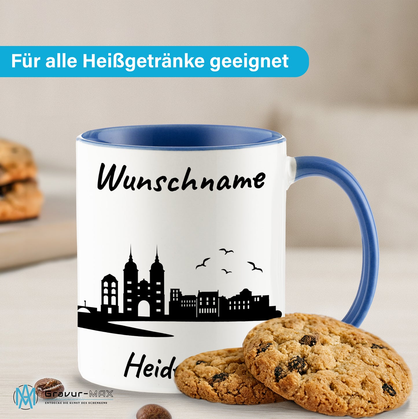 Tasse in Cambridge Blau 330ml bedruckt mit der Skyline von Heidelberg personalisierbar mit Wunschname
