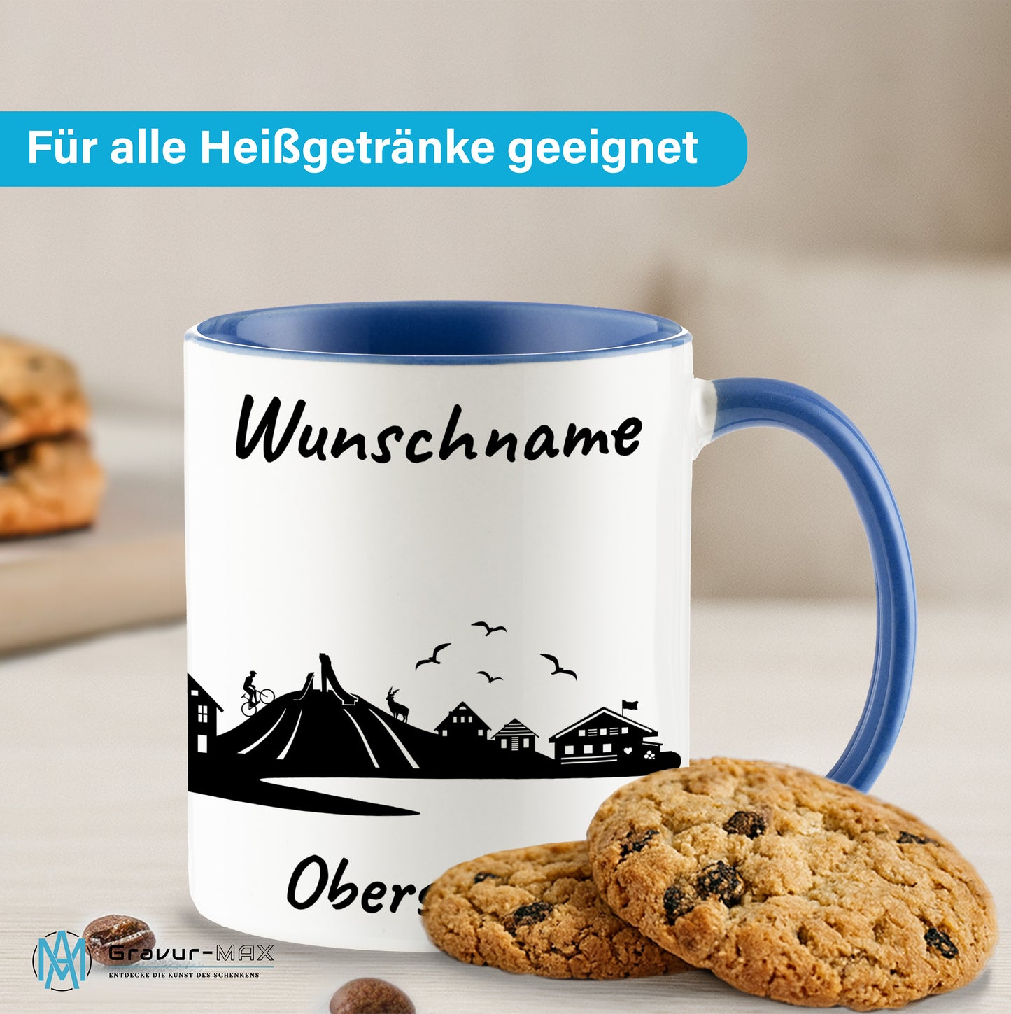 Tasse in Cambridge Blau 330ml bedruckt mit der Skyline von Oberstdorf personalisierbar mit Wunschname