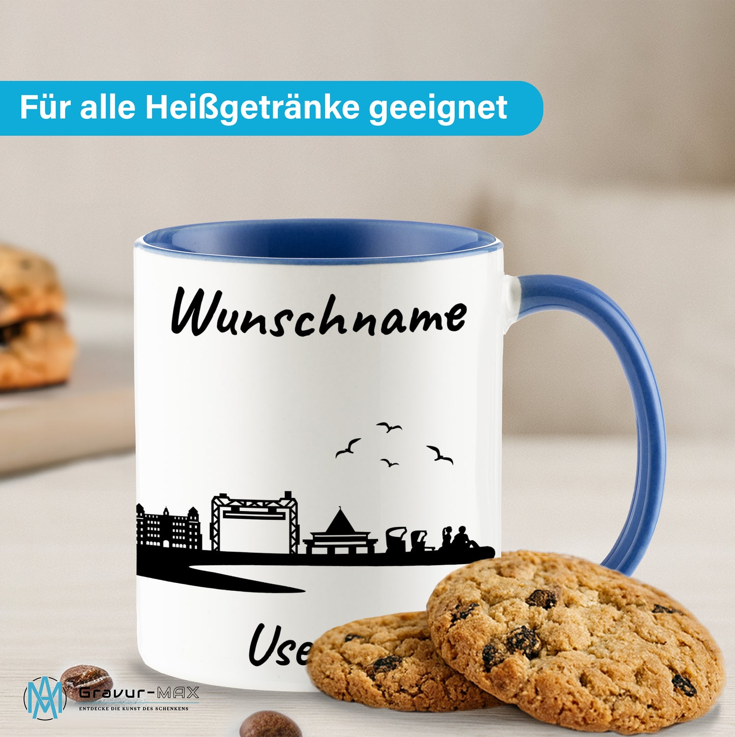 Tasse in Cambridge Blau 330ml bedruckt mit der Skyline von Usedom personalisierbar mit Wunschname